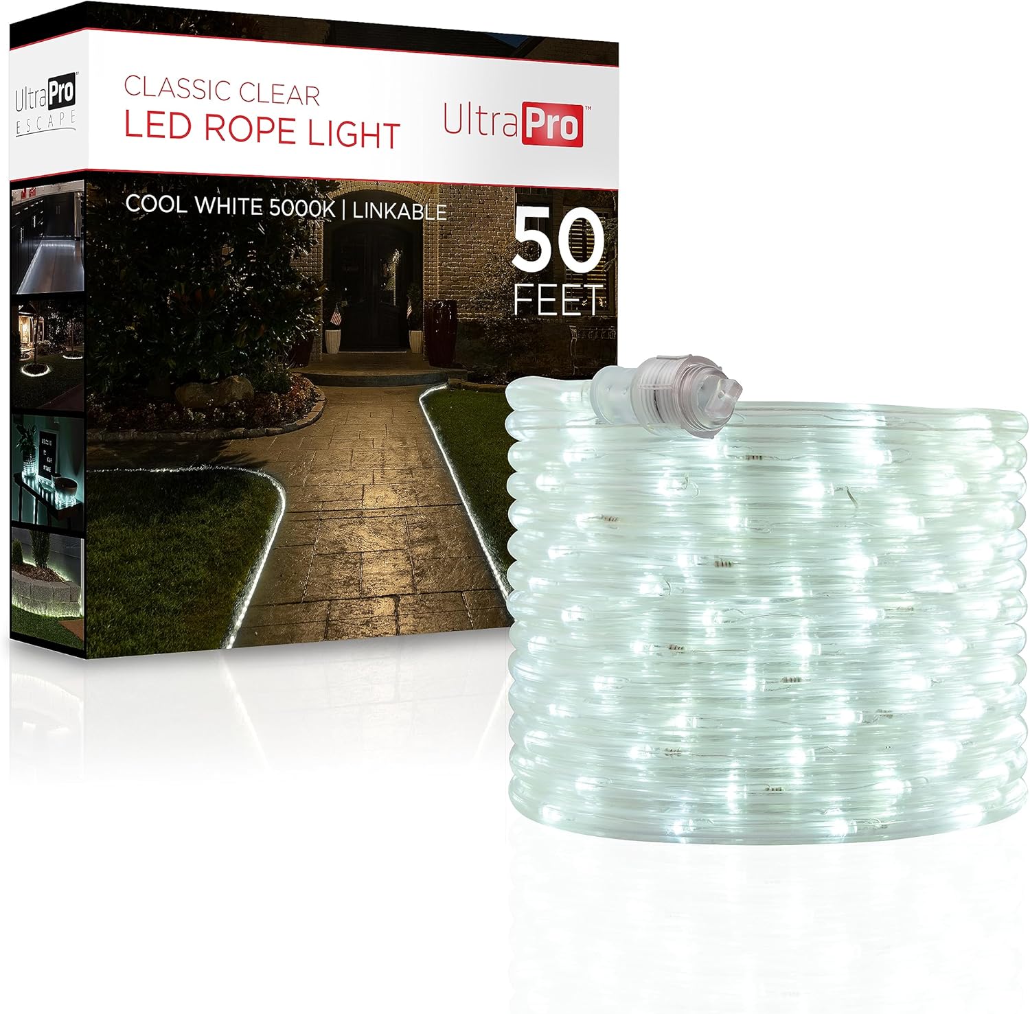 UltraPro LED Rope Lights, 50ft Classic Clear Rope, Warm White Light 3000K, Indoor/Outdoor, Flexible, Linkable, Durable, Rope Lights Outdoor, 54505