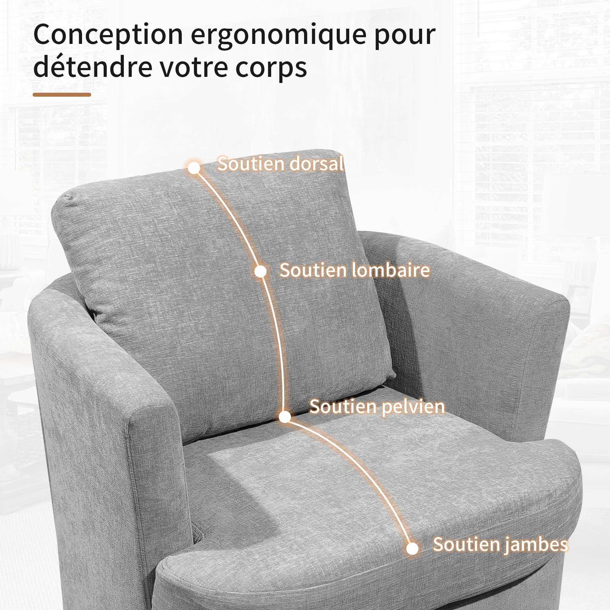 BonVache Fauteuil Tournant, Fauteuil en Chenille, Chaise de Détente Pivotante à 360°, avec Dossier en Forme de U et Assise Rembourrée, Convient pour Le Salon, la Chambre et Le Bureau, Gris