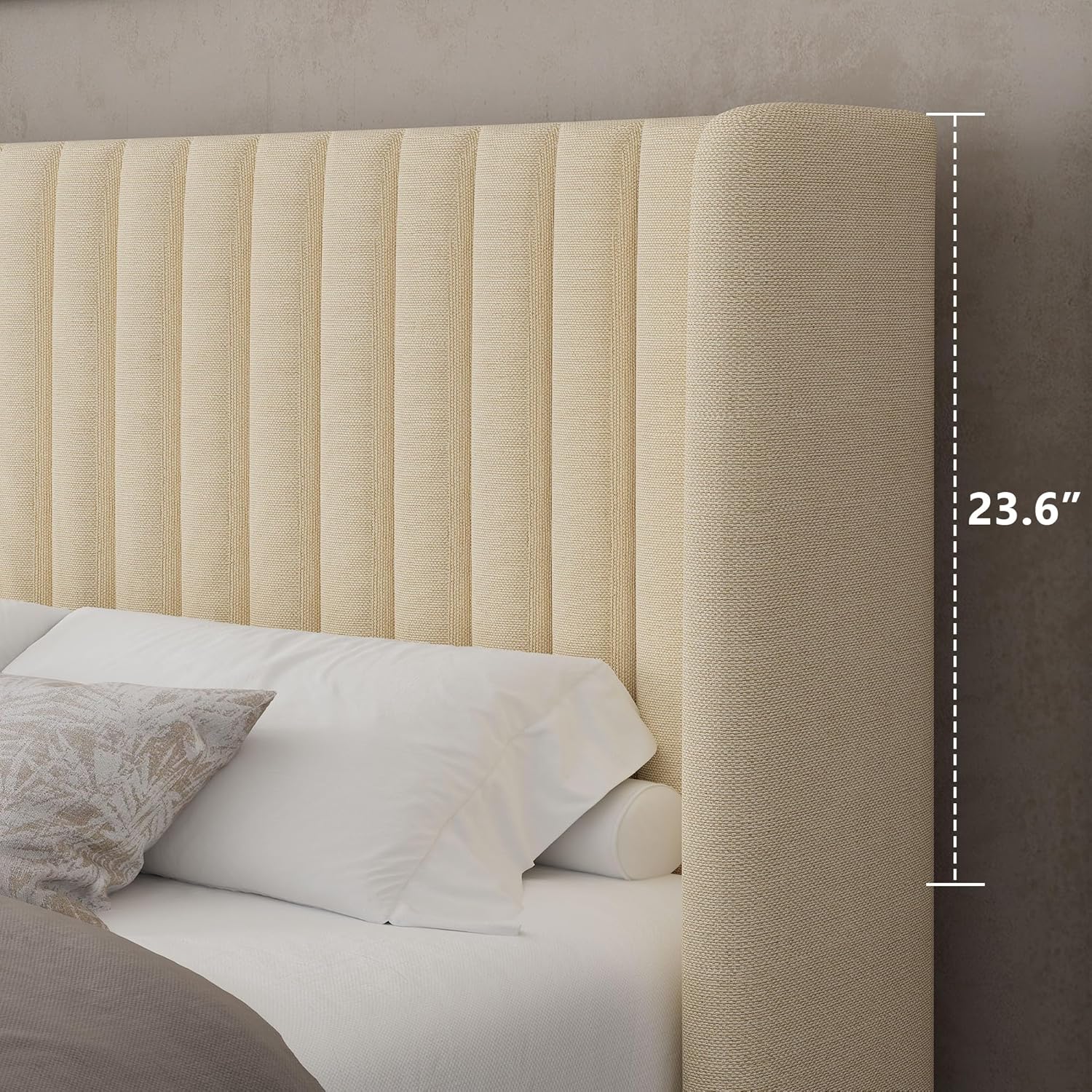 Feonase Queen Size Lift Up Storage Bed Frame, Linen Upholstered Platform Bed Frame with Wingback Headboard, Hydraulic Storage, No Box Spring Needed, Beige