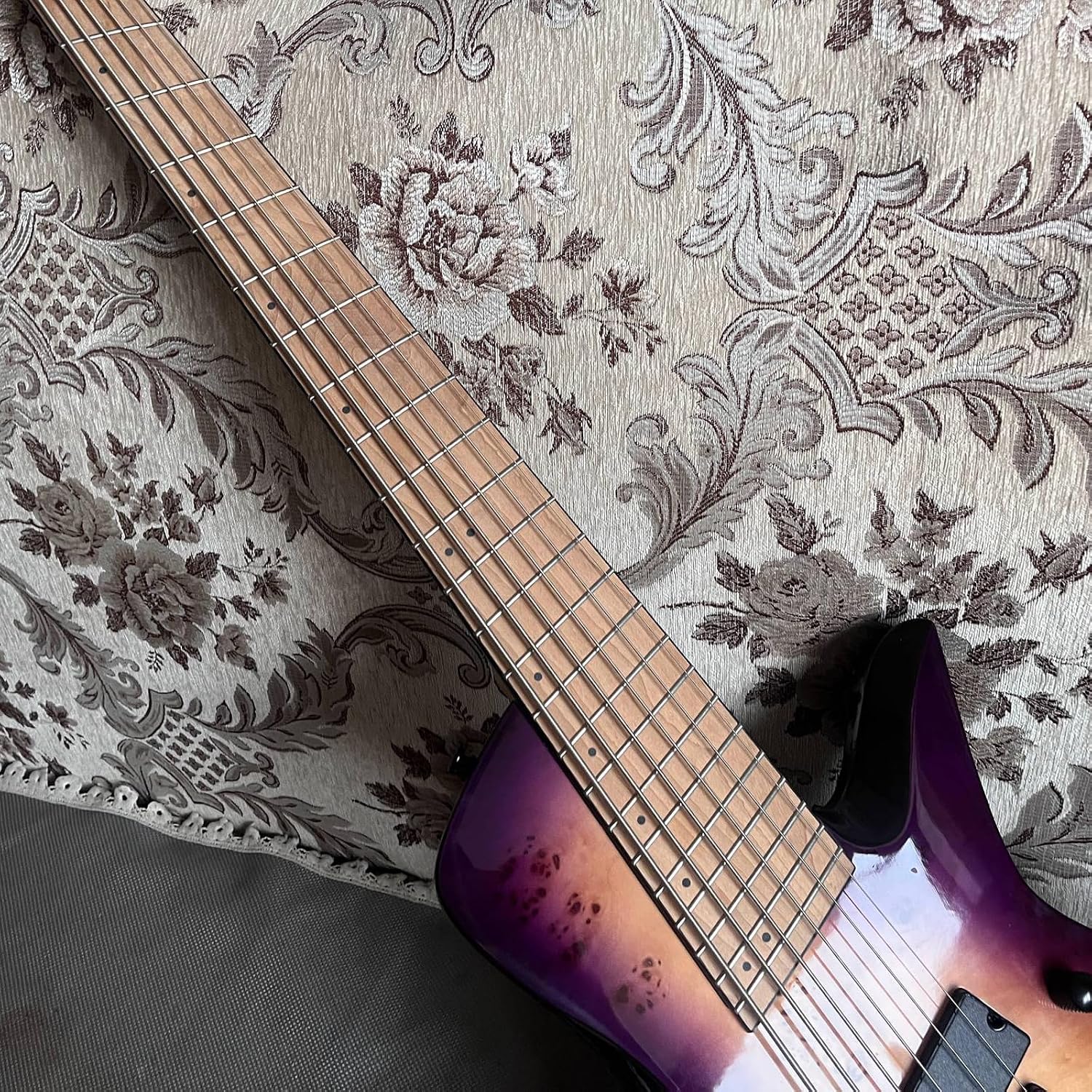 Upgrade Fanned Fret 6 String Bass Guitar Purple Burl Burst Roasted Maple, 24 Frets for Beginner, Intermediate and pro Players