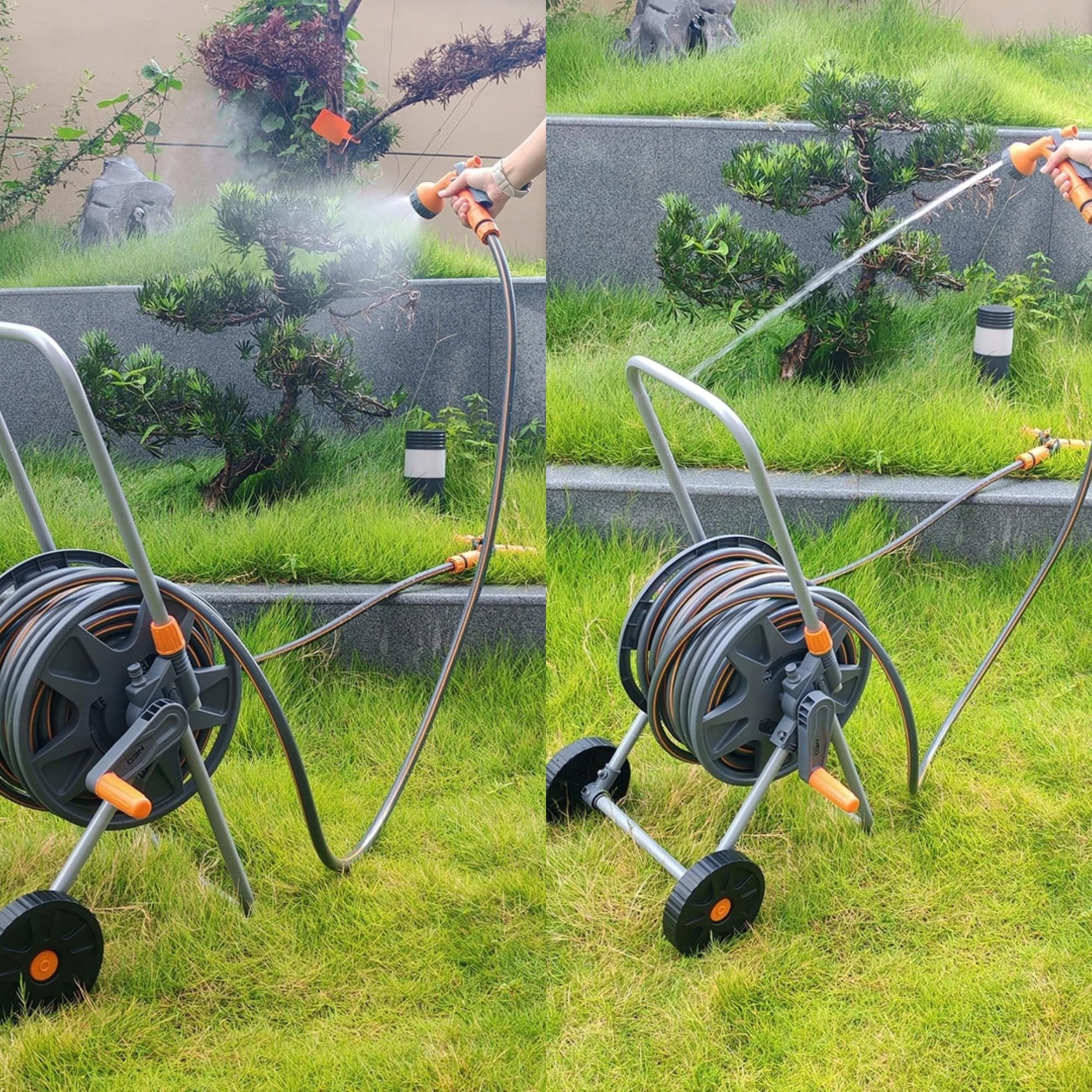 NEO TOOLS Kit complet d'irrigation de jardin mobile, avec dévidoir, tuyau d'arrosage de 30 m et douchette de jardin 6 fonctions pour pelouse, en PVC, résistant aux UV | Tuyau d'arrosage de 30 m - 1/2" - 6 fonctions - Pour pelouse et jardin - PVC - Résista