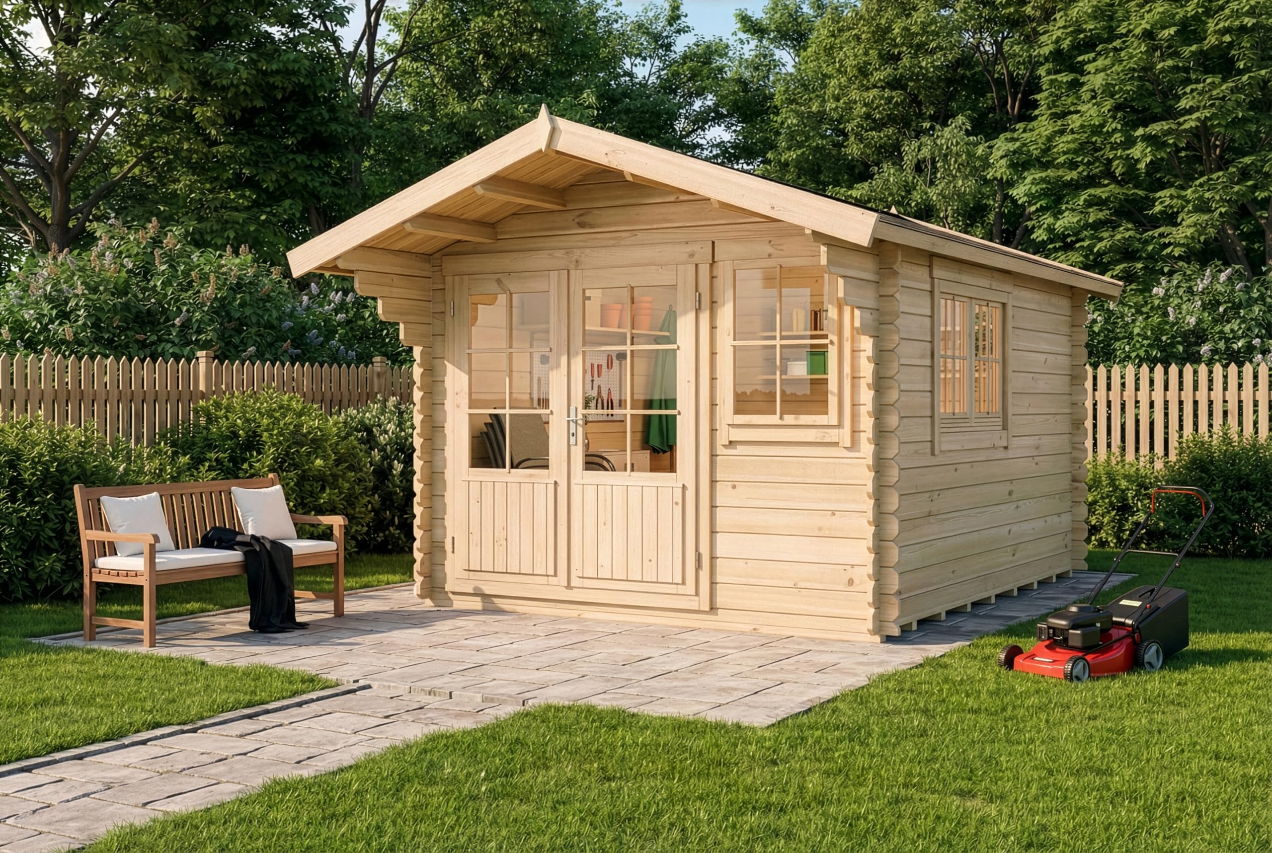 Alpholz Gartenhaus Gabriel-34 mit Fußboden aus Holz, Gerätehaus 300x400, 10,07 m², 34 mm Wandstärke, Holzhaus in Blockbohlen-Bauweise inkl. Fenster, Doppelfenster und Leimholztür Naturbelassen