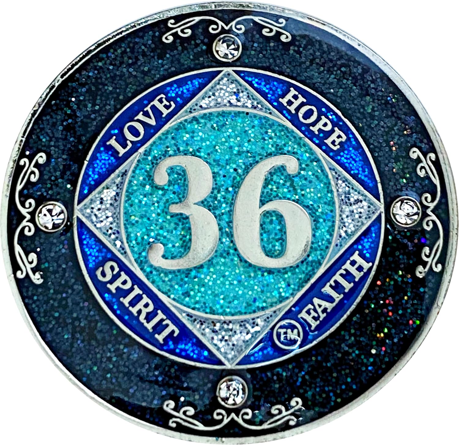 (Years 1-50) NA 36 Year Crystals and Glitter Medallion, Silver Color Plated Coin, Black Rainbow, Blue Glitter and Four Clear Crystals, Epoxy Covered (NA 36 Years Clean Time)