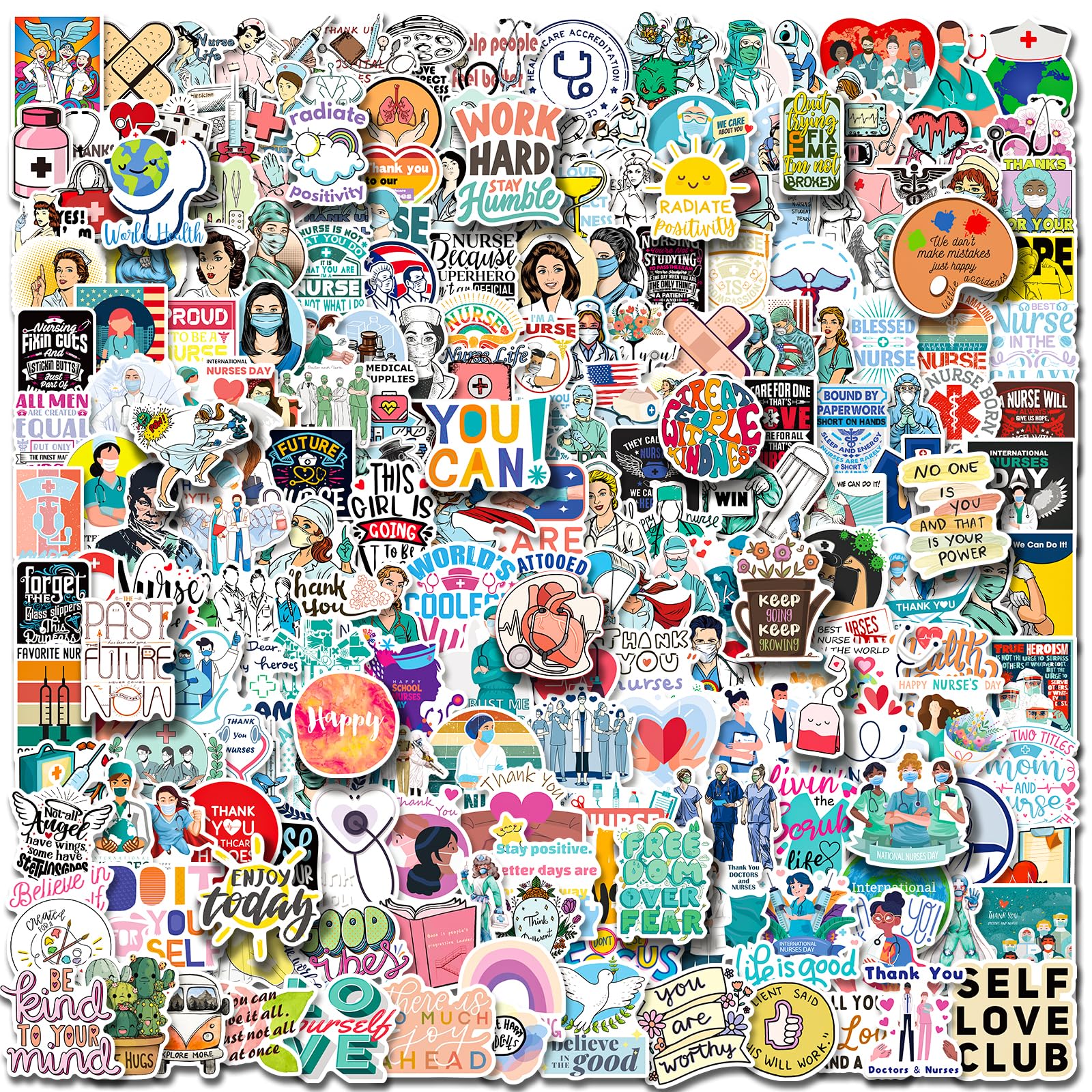 Nurse Positive Stickers 300PCS Waterproof Vinyl Inspirational for Laptop, Bumper, Water Bottles, Computer - Nurse Accessories for Work