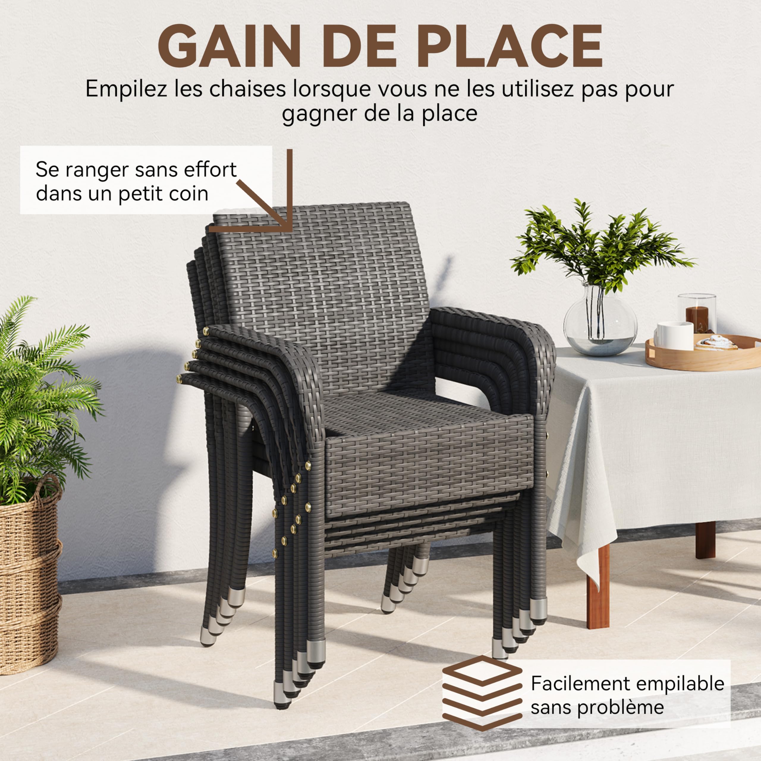 Abician Lot de 6 Chaises de Jardin en Rotin Synthétique Fauteuils Empilables d'Extérieur avec Accoudoirs Cadre en Métal Terrasse Véranda Balcon Salon Salle à Manger Gris