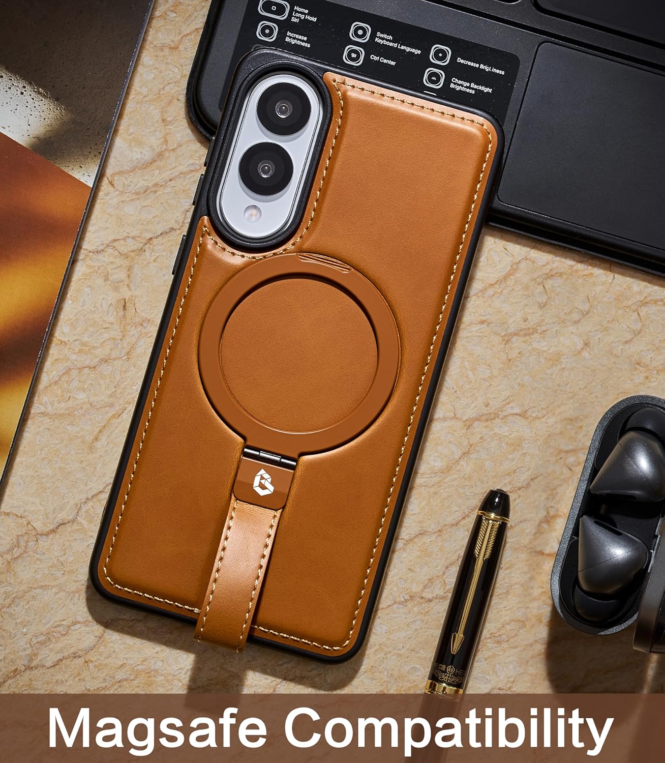 for Samsung Galaxy S25 Edge Leather Case with Stand, Anti-Slip Grip Ring, Fits for MagSafe (Brown, S25 Edge-6.7inch) - Image 7