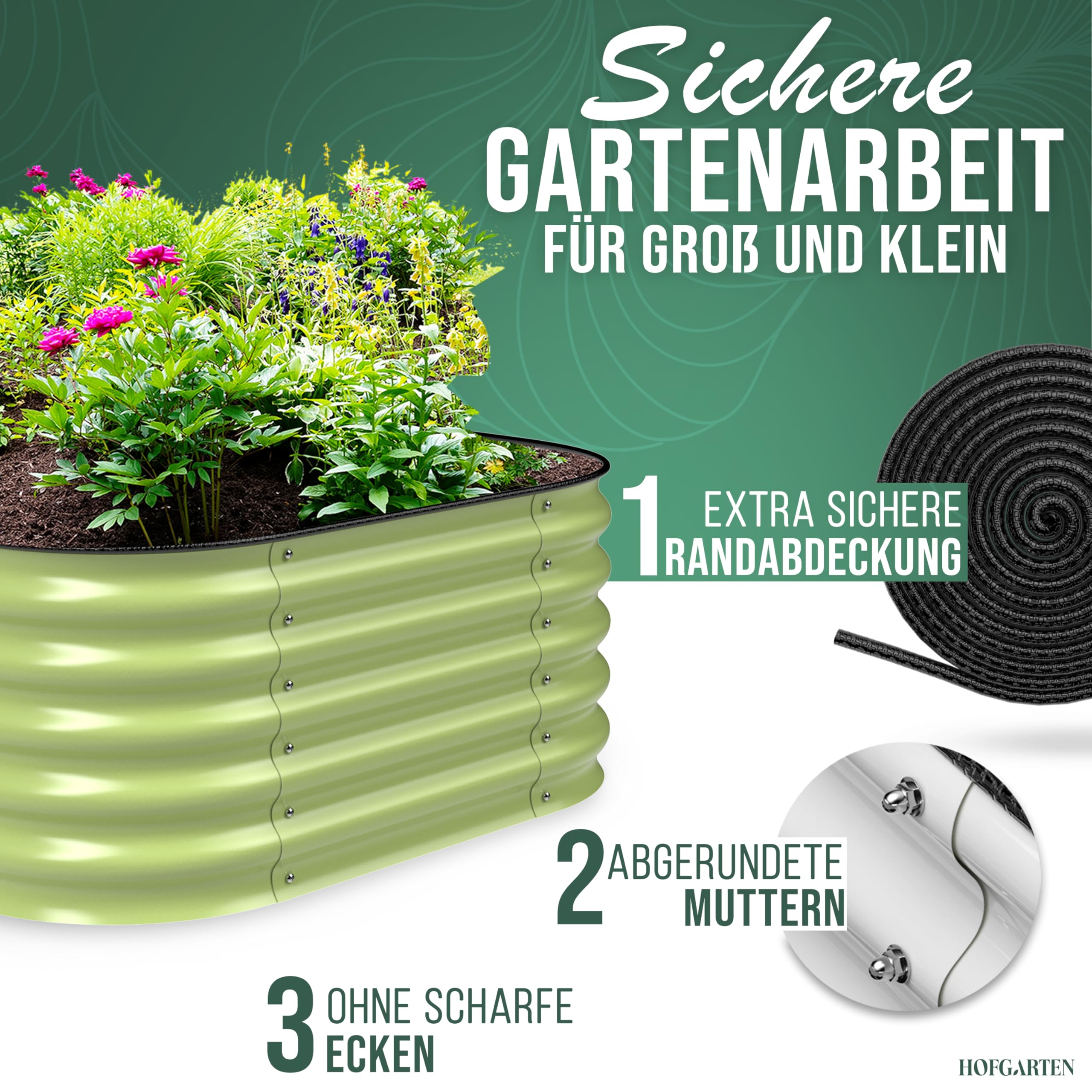 HOFGARTEN Hochbeet Metall 200x60x42 cm - Hochwertiges Gartenbeet aus Zn-Al-Mg Stahl - wetterfest & rostgeschützt - Modularer 6-in-1 Bausatz QuickGrow (Salbei)