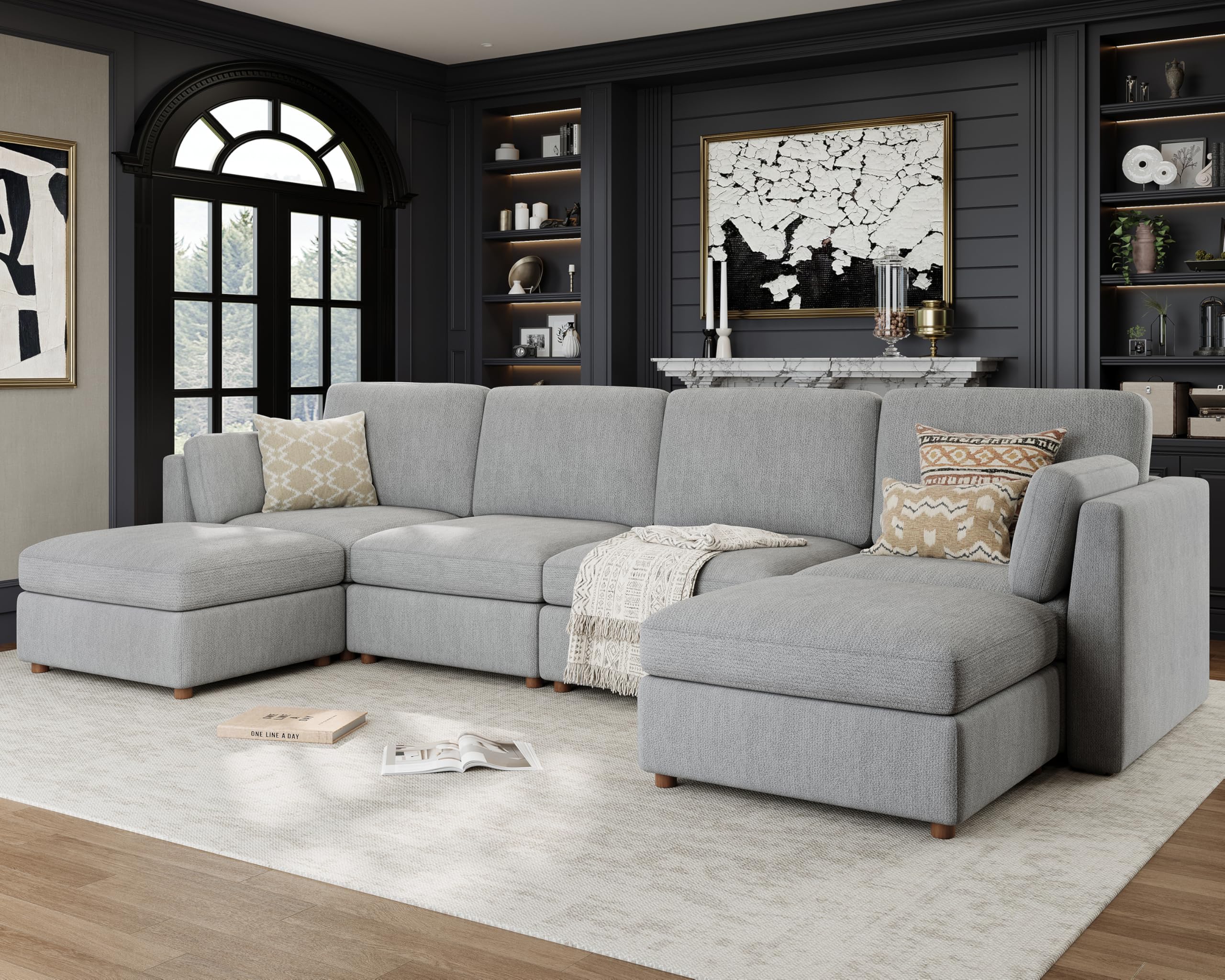 Kalafini Oversized Modular Sectional Sofa U Shaped Cloud Couch Gray