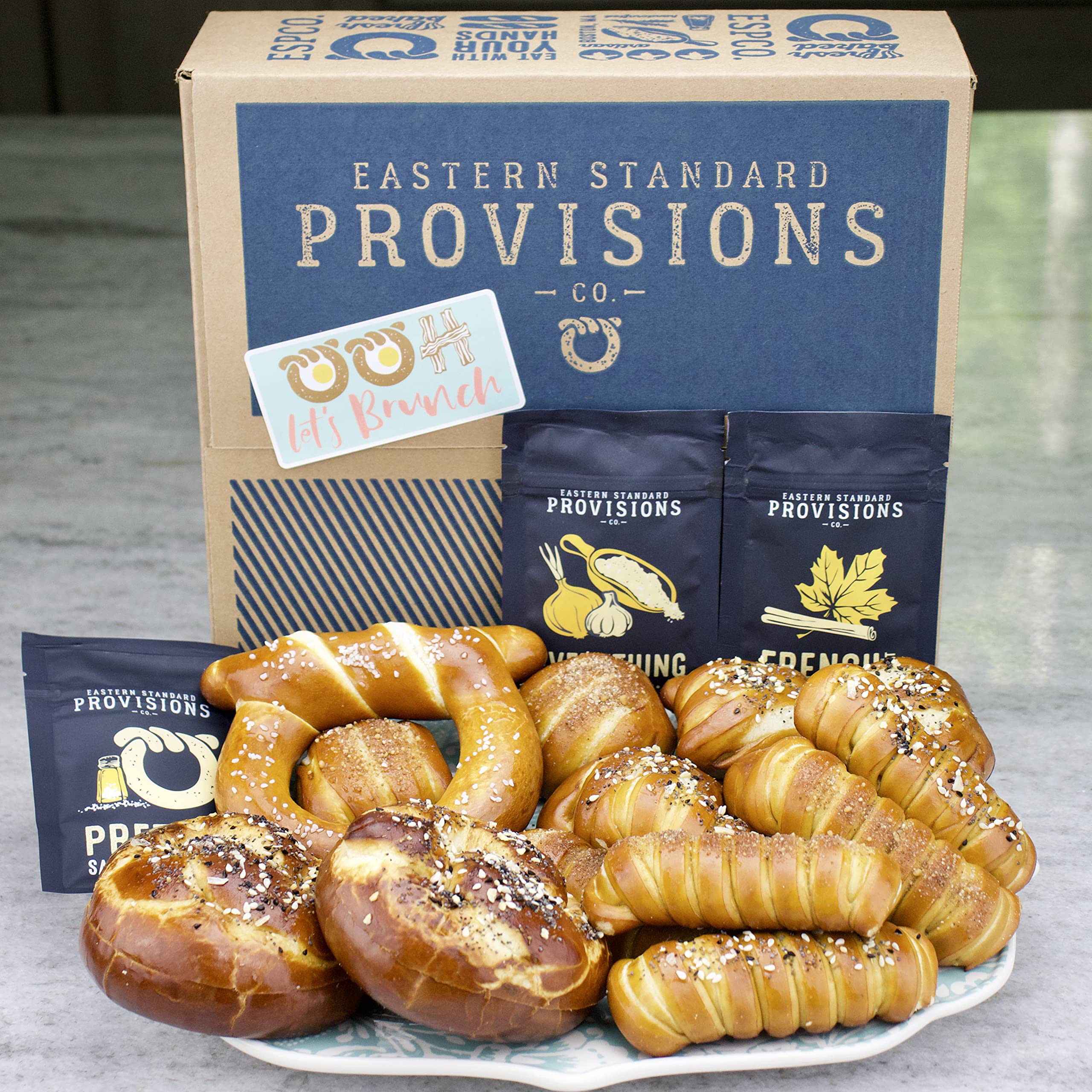 Eastern Standard Provisions "Let's Brunch" Gourmet Gift Box, Fresh Artisanal Soft Pretzels & Liège Belgian Waffles Snack Pack, with Salt & Sugar