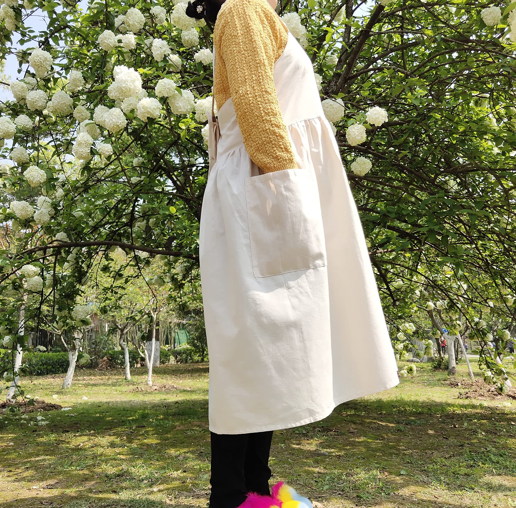 losofar Cotton Linen Square Dress Overalls Kitchen Gardening Solid Color Apron Flower Shop Smock (Beige, 92cmx110cm)