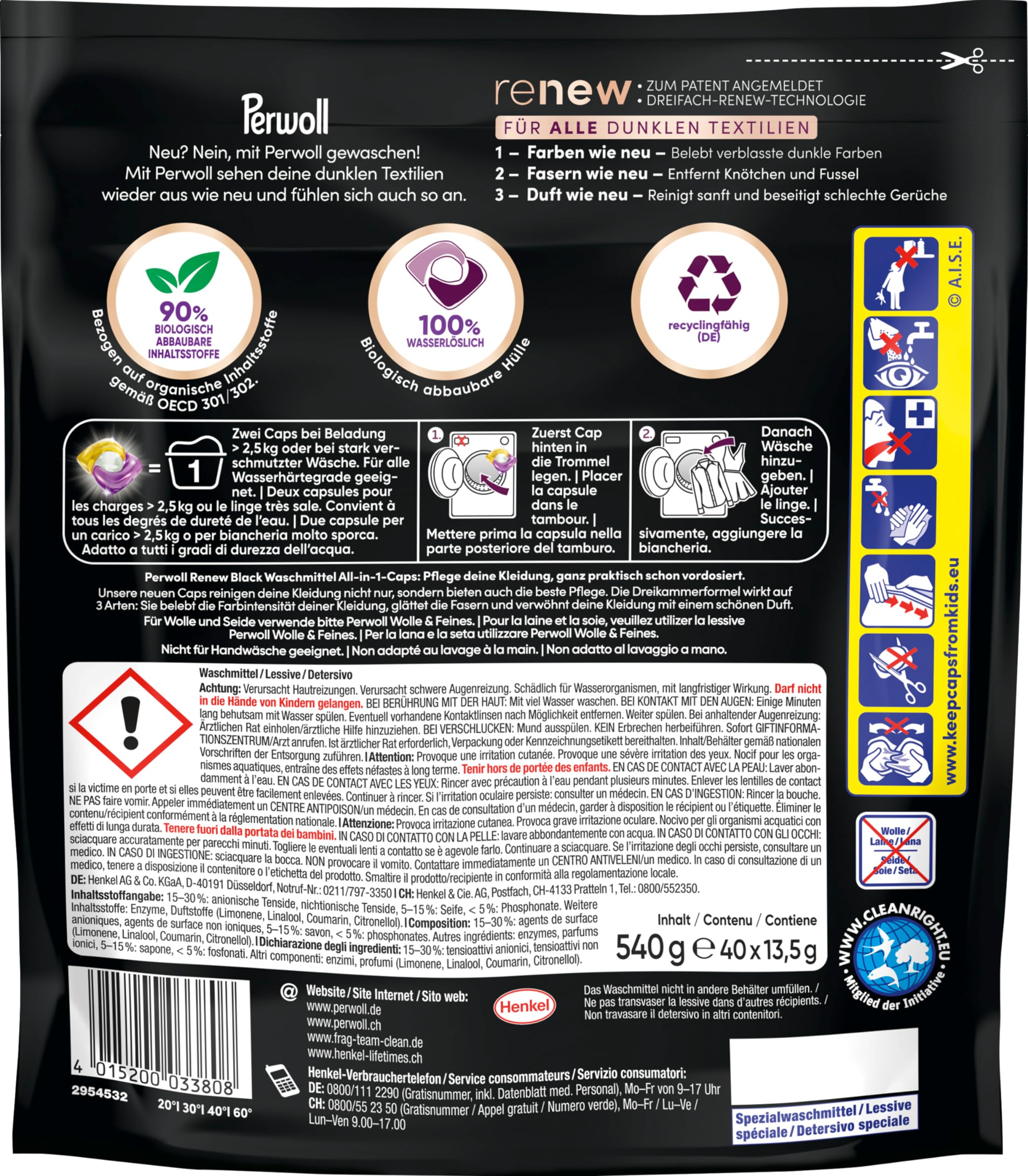 Perwoll Renew Caps Black Detergente 80 (2 x 40 lavados), todo en 1 Detergente Caps limpia suavemente y renueva colores y fibras, para todos los tejidos oscuros, con tecnología Triple Renov