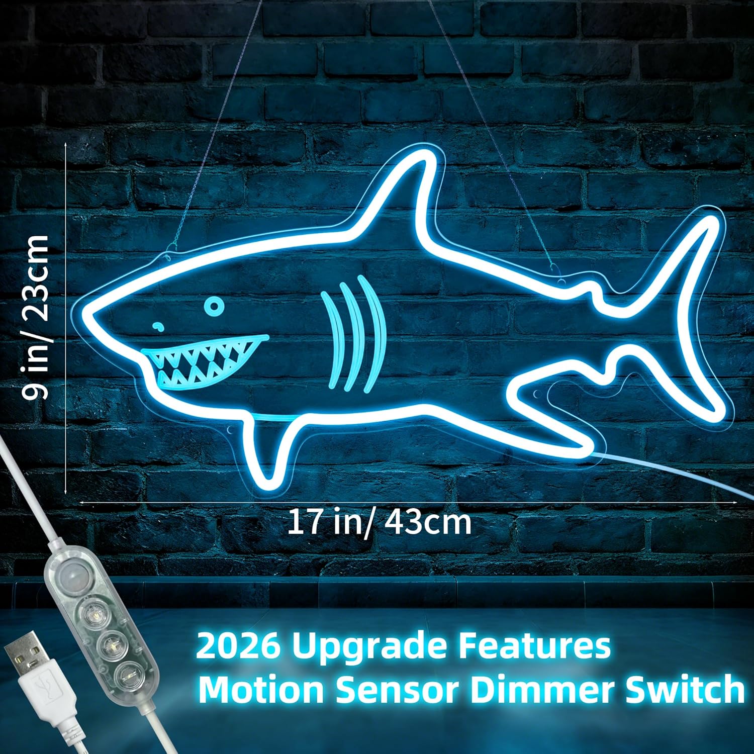 Motion Sensor Shark Neon Sign, Ice Blue LED Neon Light Sign with 3-Mode Dimmable, Acrylic Backboard Shark Decor for Bedroom - Neon Wall Sign & Tabletop Shark Room Decor (17x9 Inches)