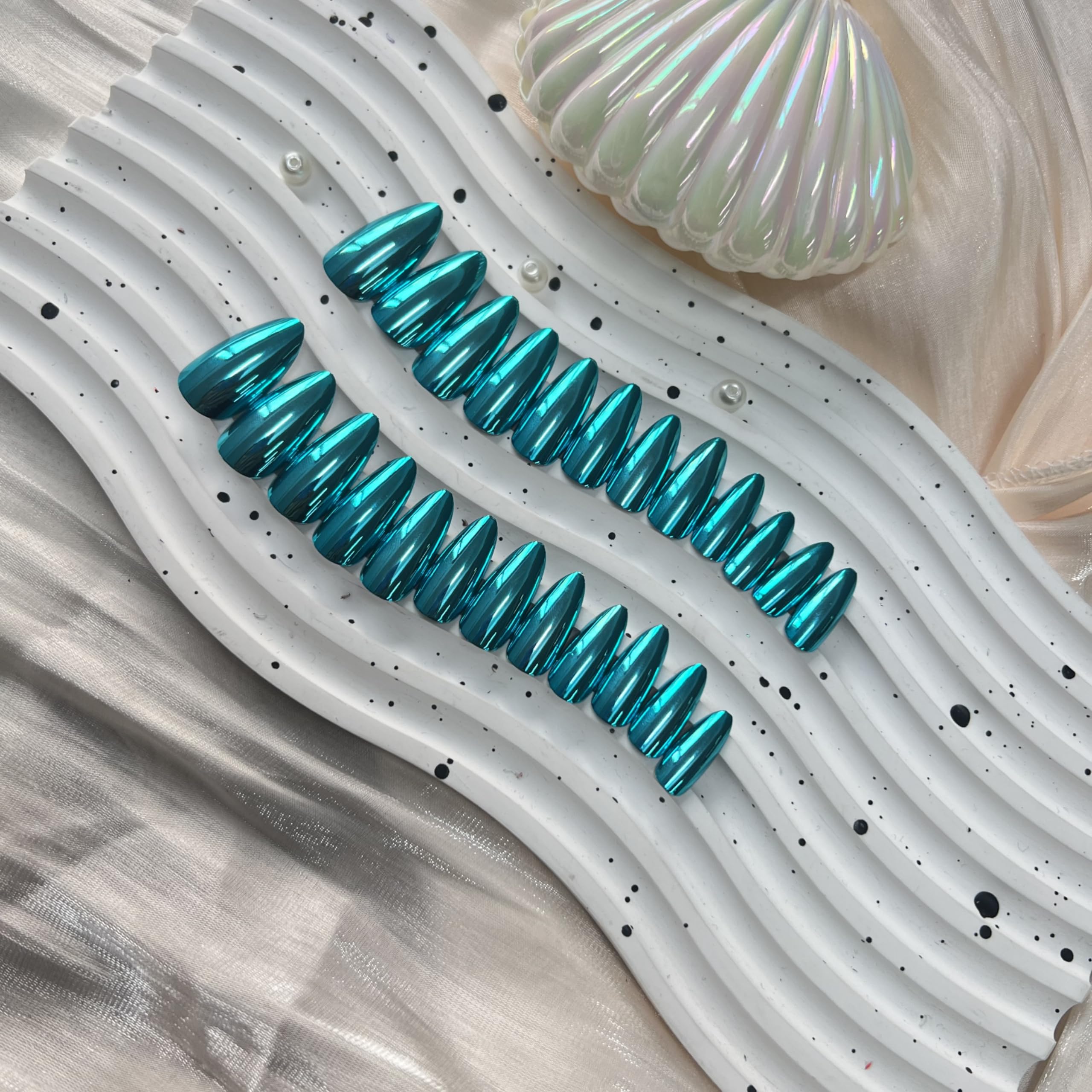 Metallic Teal Blue False Nails Almond, SXVME Chrome Press On Nails Medium, Glazed Shine Fake Nails with Mirror Effect - Image 3