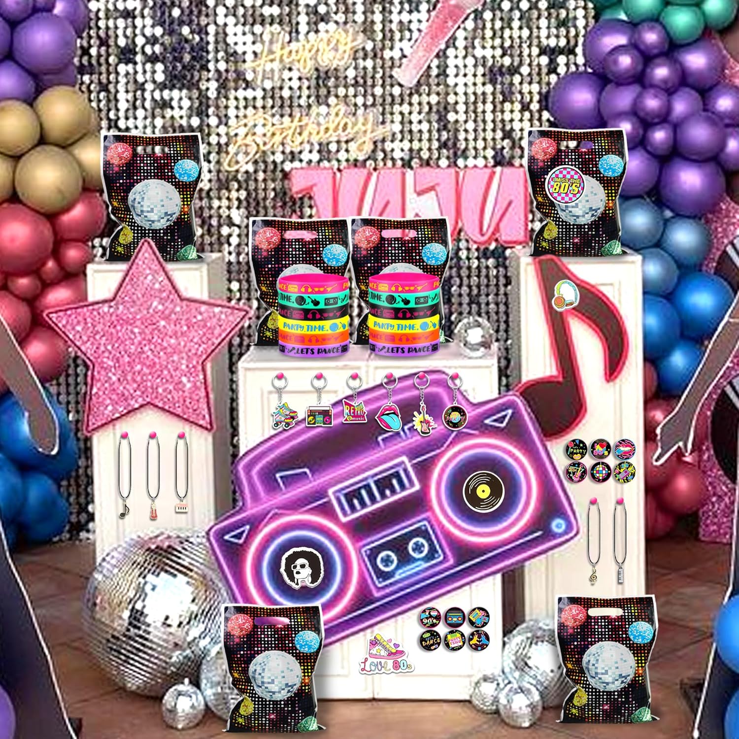 Tazimi 130 PCS 80s 90s Party Favors Back to 80s 90s Party Supplies with Button Pins Necklaces Stickers Rubber Bracelets for Retro Music Hip Hop Disco Born in the 80's 90’s Themed Party (style 1) - Image 6
