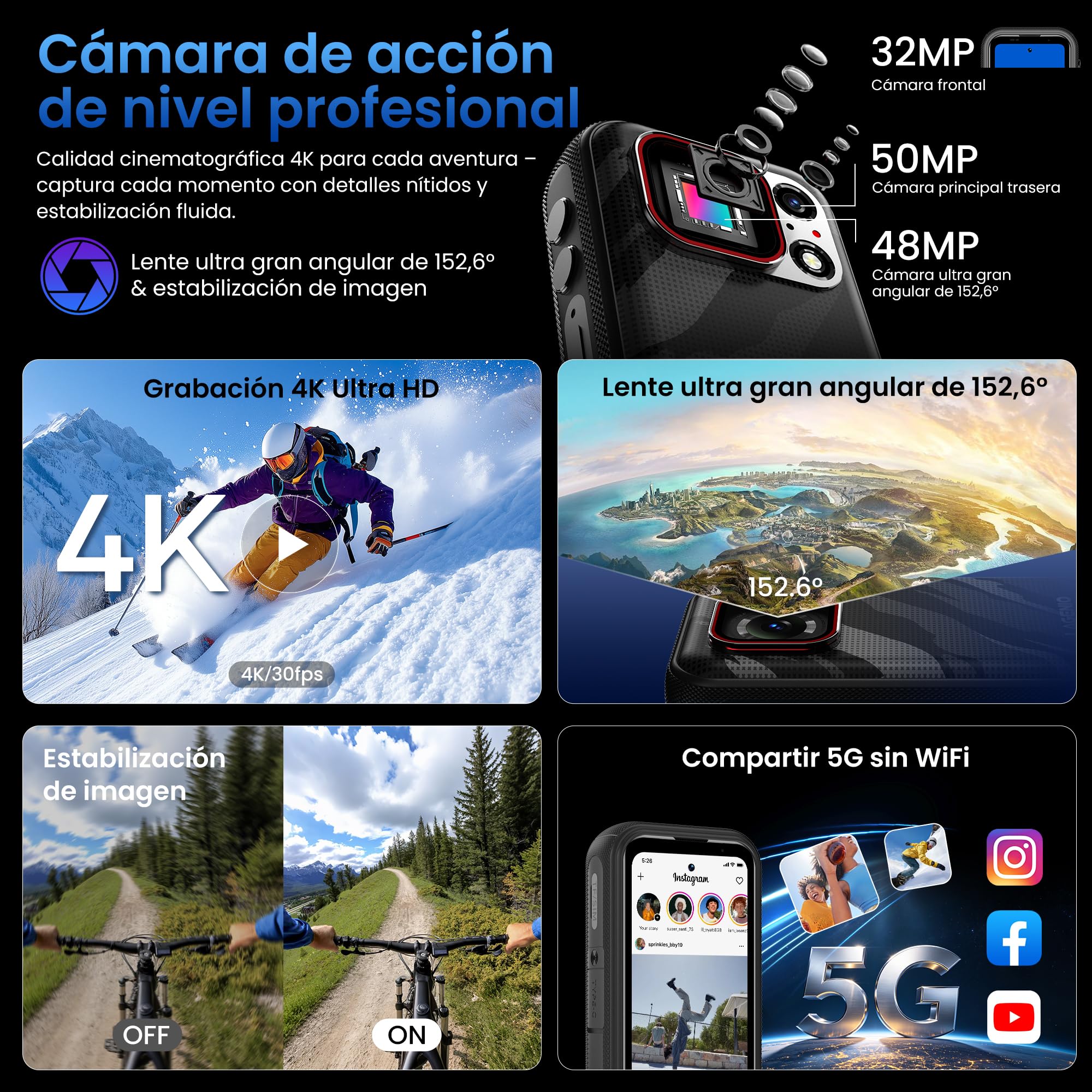 Eagle Pro Mini 5G Móvil Irrompible con Cámara de Acción 4K, Android 16, 32GB+256GB/1TB, Gran Angular 152,6°, Batería 4,5 h, Estabilización, Pantalla 4,0", Dual SIM 5G, NFC, Verde
