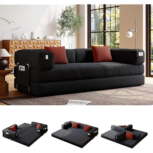 5-in-1 Folding Convertible Sofa Bed, Loveseat Sleeper with Pull-Out Bed, Floor Sofa Modular Futon Couch, 79" Oversized Corduroy Upholstered Boneless Couch for Living Room, Bedroom, Lounge, Grey-A