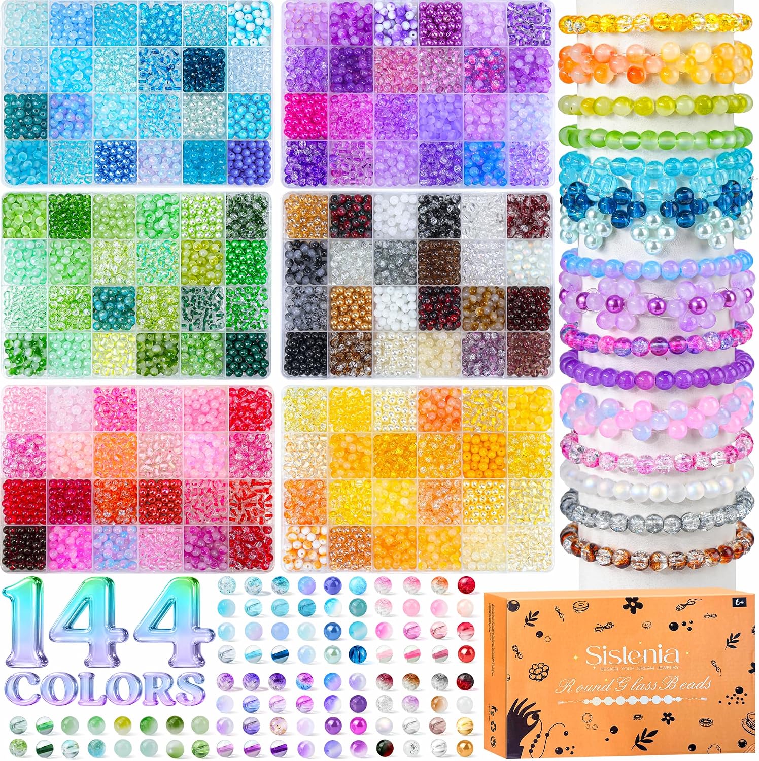 7200PCS 6mm Glass Beads Bracelet Making Kit, 144 Colors Assorted Crystal Beads for Bracelets and Jewelry Making, Round Crackle Glass Beads for DIY Necklace Friendship Bracelets Earring Crafts