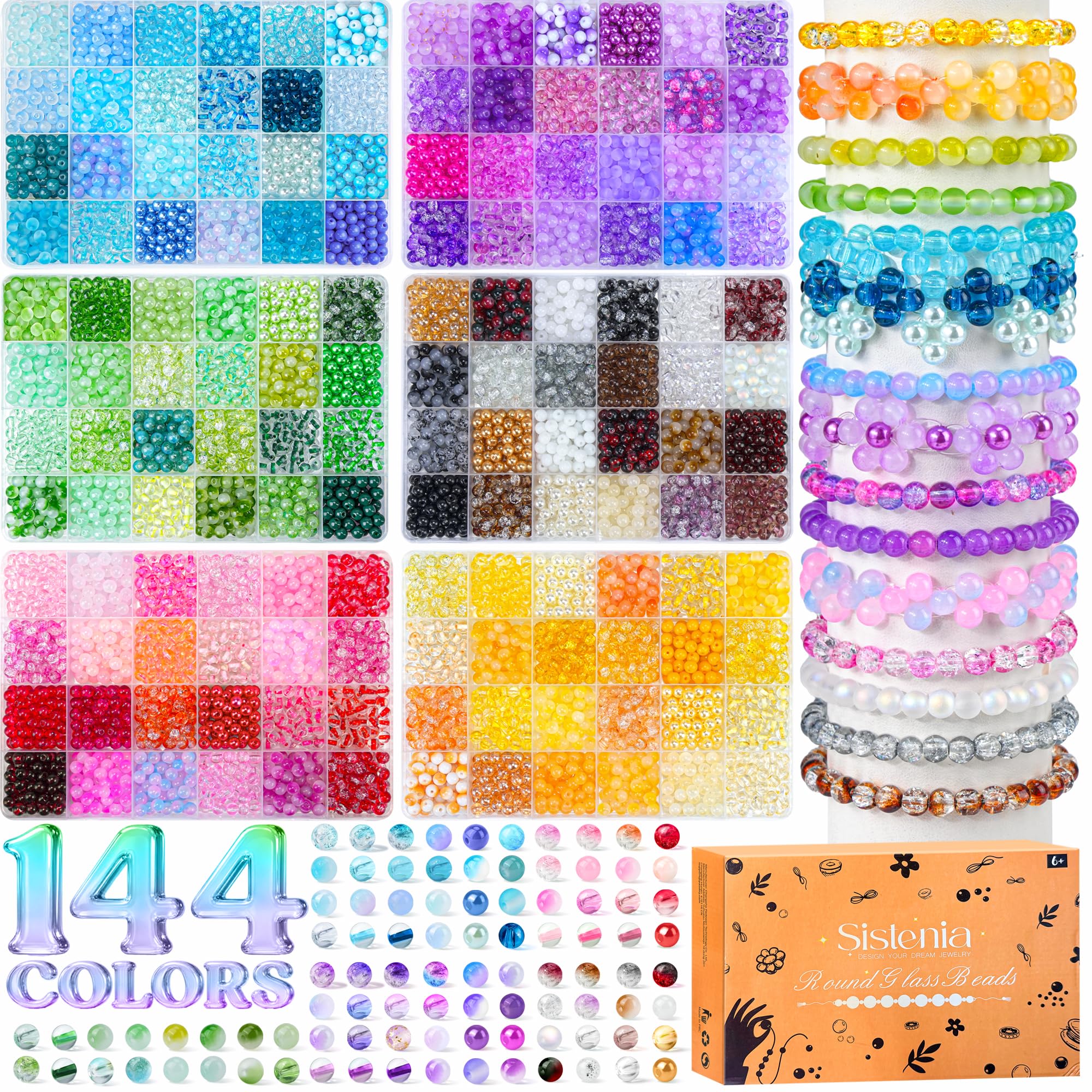 Sistenia 7200PCS 6mm Glass Beads Bracelet Making Kit