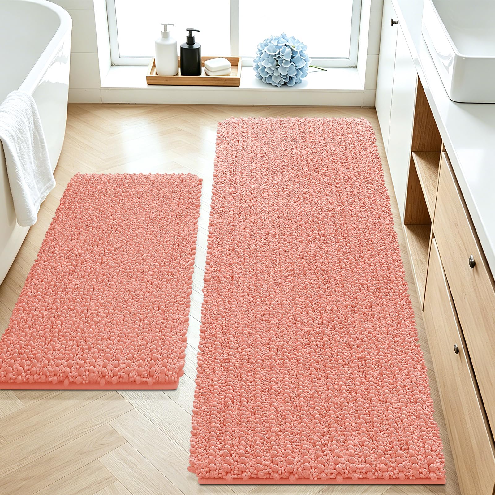 ACCUMTEK Upgrade Luxury 2 Piece Coral Toilet Bathroom Rug Mat 48"x20"+24"x17", Ultra Soft Thick Absorbent Bath Mats, Non Slip Chenille Toilet Mat for Bathroom, Bedroom, Kitchen, Shower, Tub