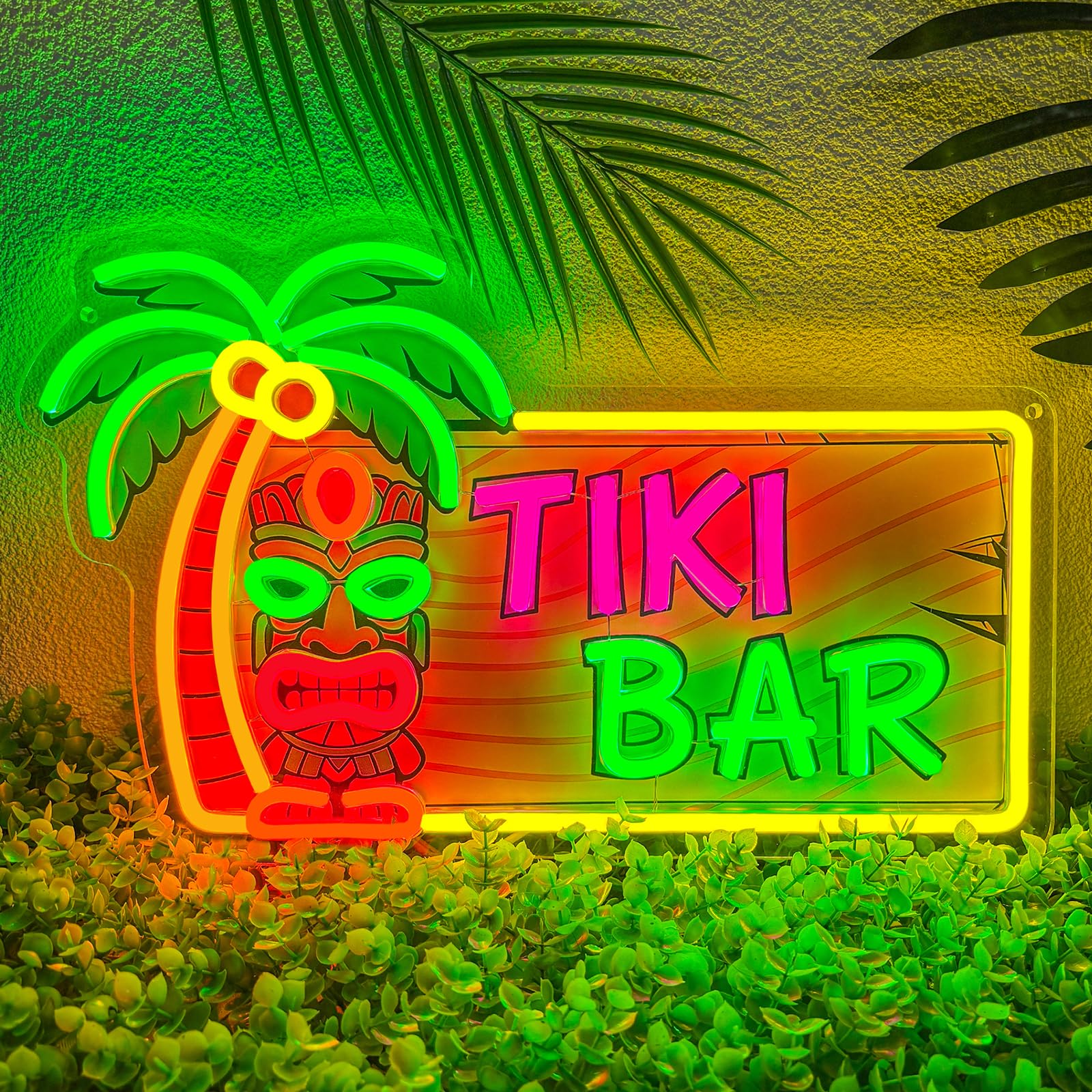 TIKI BAR Neon Sign, LED Neon Light with Palm Tree & Tiki Mask, Dimmable USB Powered Wall Decor for Home Bar, Pub, Party, Man Cave, Tropical Hawaiian Style