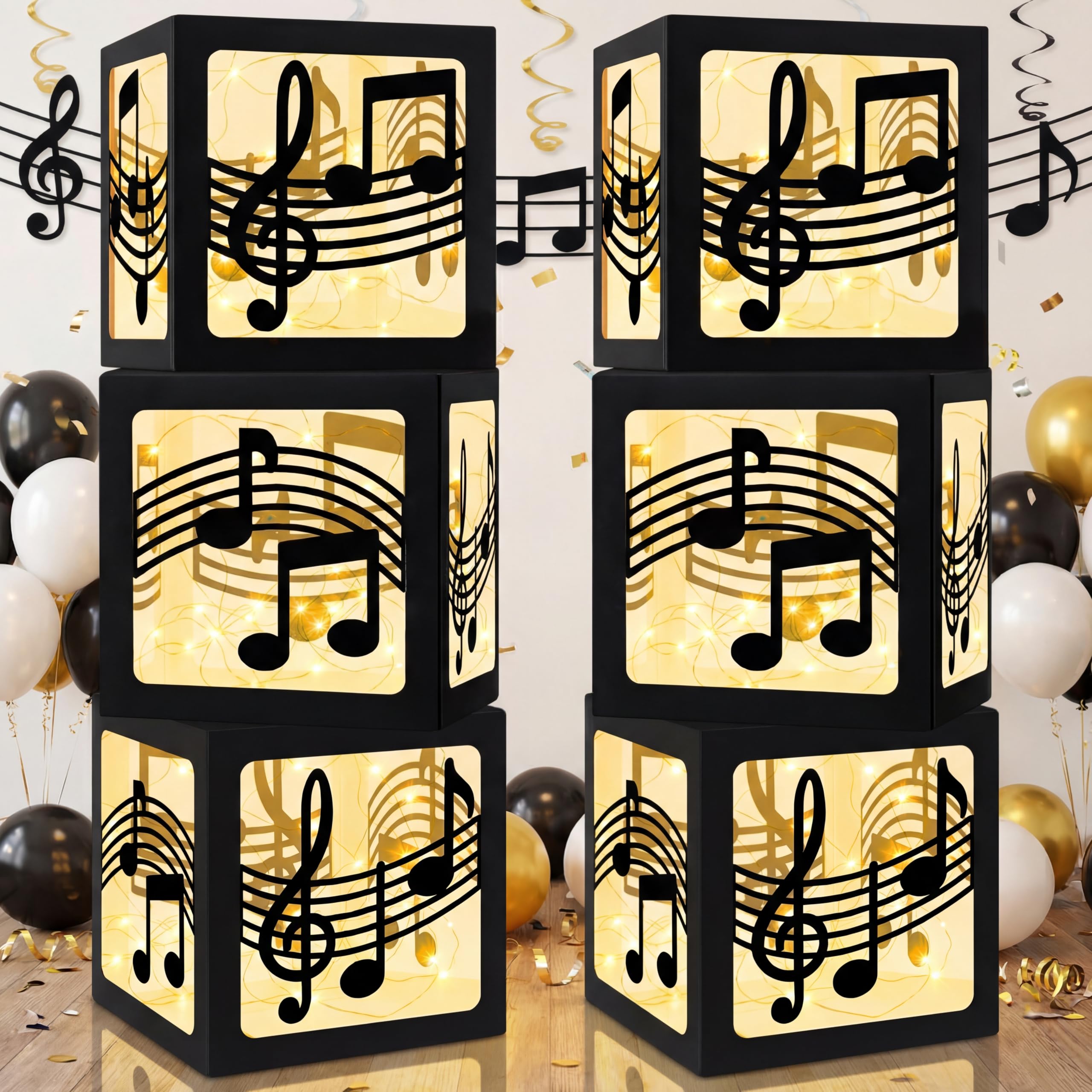 Photo 1 of Novabright 6 Sets Music Party Decoration Boxes with Light Strings Large 11.8 Inch Music Note Lantern Boxes for Musical Themed Party Wedding Birthday Home DIY Decorations