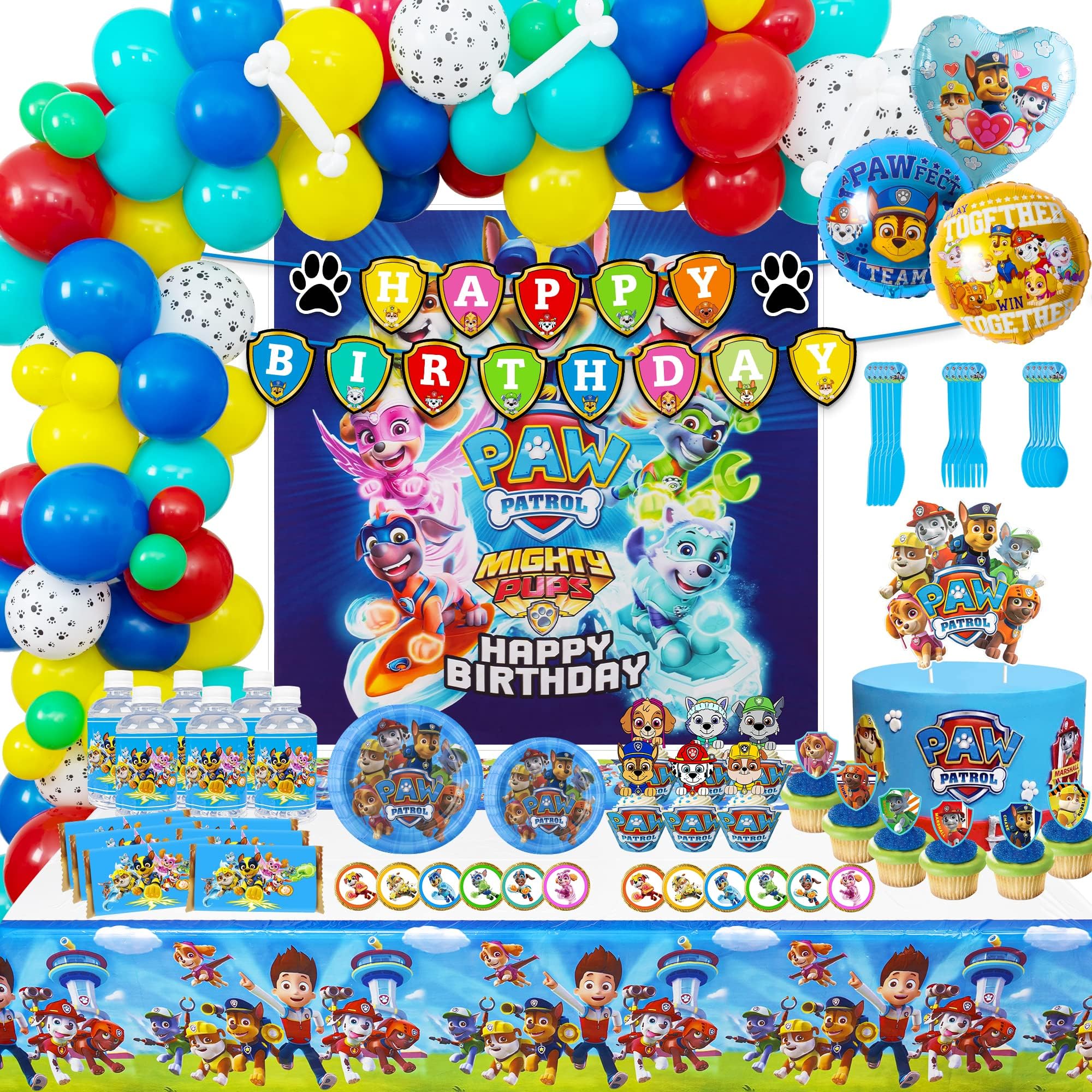 NITELUO Dog Birthday Party Supplies, 205Pcs Party Favors, Backdrop, Balloon, Cake Topper, Sticker, Bottle Label, Wrapper, Banner, Tableware, Tablecloth