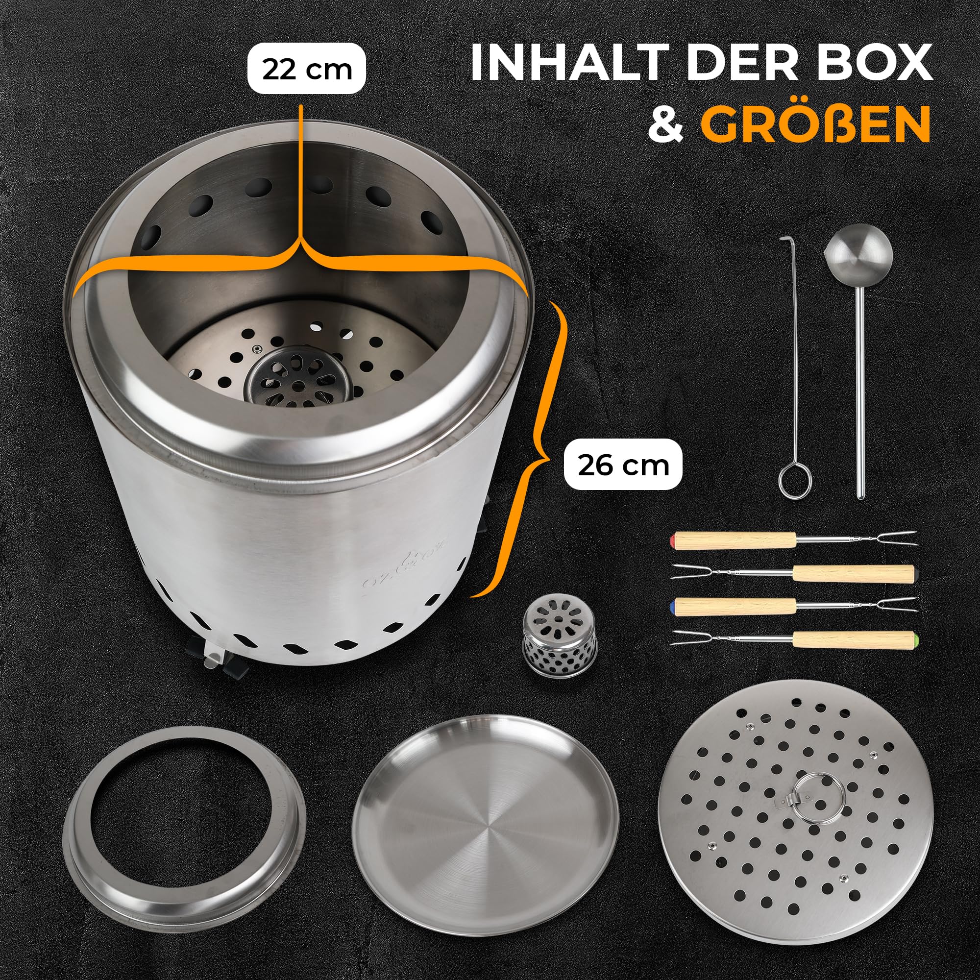 Oz & Oz Tischfeuer - Raucharmer Tischkamin für Pellets und Holz Rauchfrei Feuerstelle Feuerschalen für den Garten Outdoor Gartendeko Feuerkorb Terrassenofen Garten Deko Draußen, Silber, 26 cm