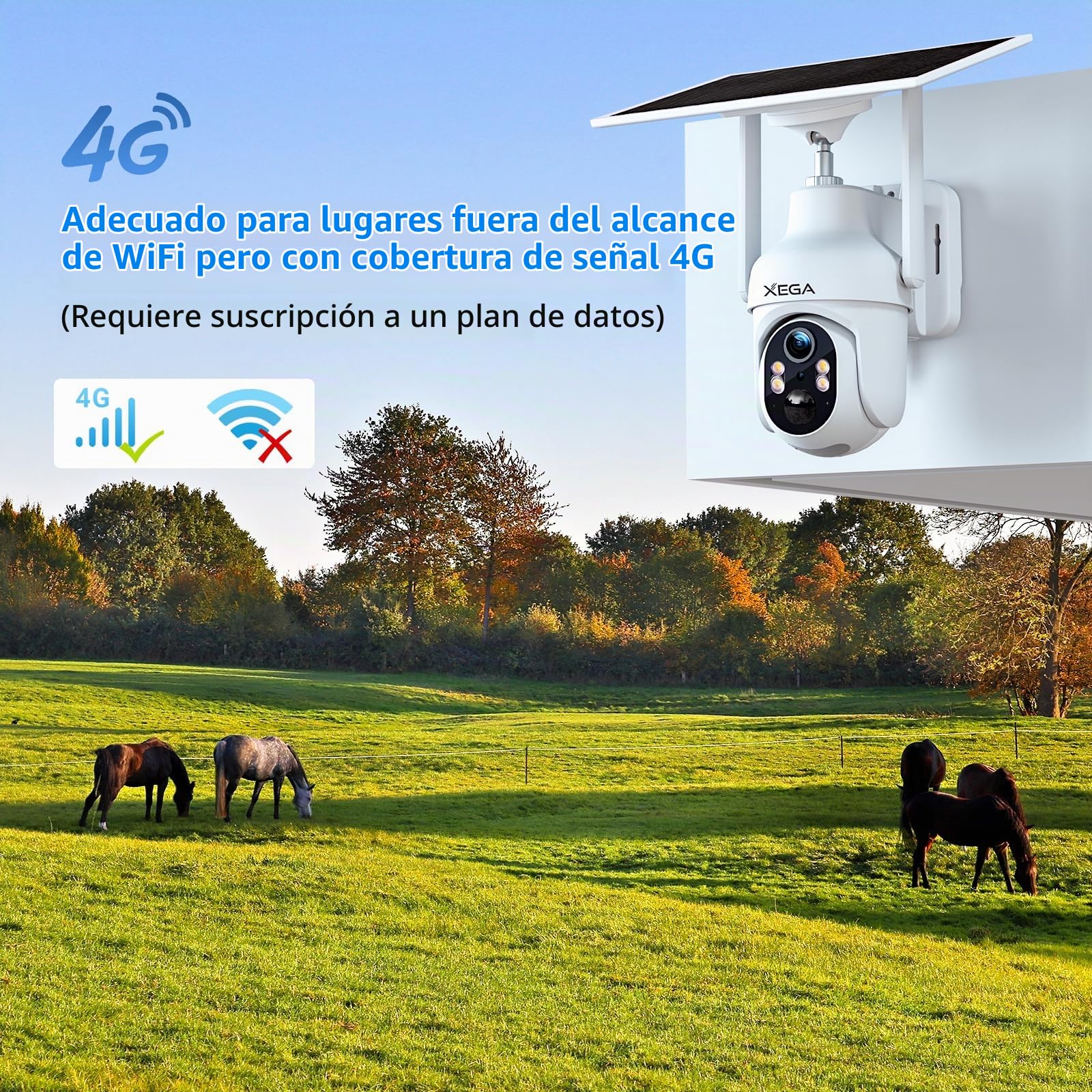 Xega 4G LTE Camara Solar con Tarjeta SIM,2K HD PTZ Camara Exterior sin WiFi | Panel Solar 6W Baterías 10400mAh, Foco y Sirena Visión Nocturna en Color PIR Detección Humana Almacenamiento TF/Cloud IP66