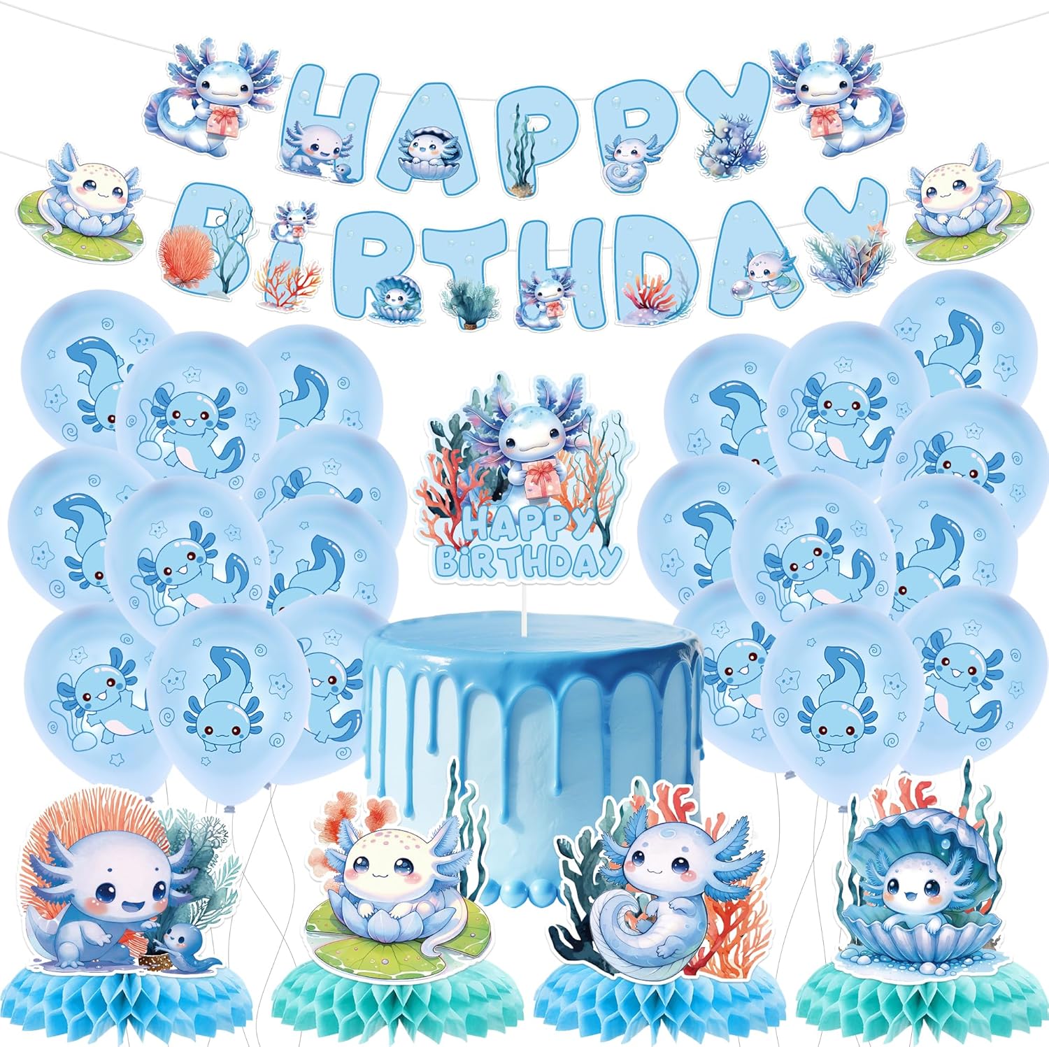 Blue Axolotl Birthday Decorations - 27 Pcs Pre-strung Banner Garland Honeycomb Table Centerpieces Balloons Cake Toppers Decor Set Cute Cartoon Reptile Fans Party Supplies for Kids Boys