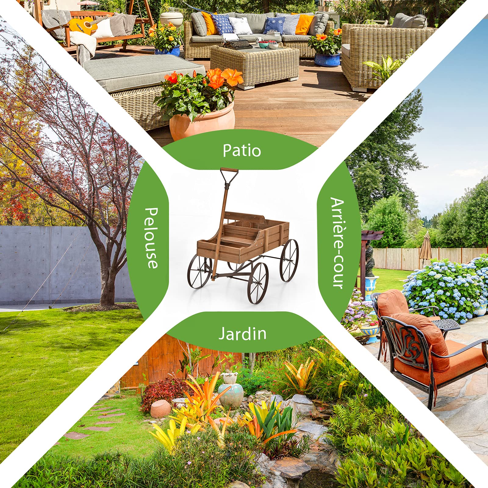 COSTWAY Brouette Décorative en Bois avec 2 Compartiments à Planter, Jardinière avec Roues Métalliques et Poignée à l'avant Charge 15kg pour Cour Jardin Véranda (Marron)