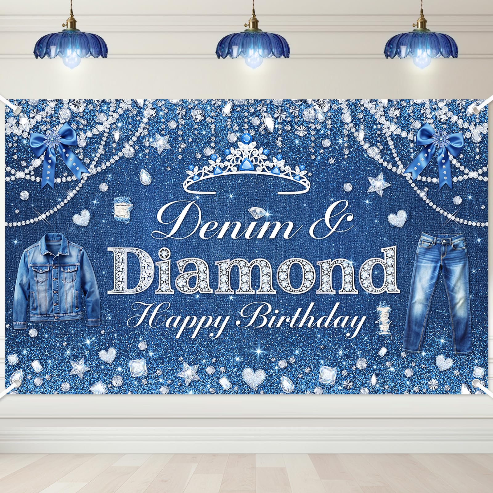Avezano Denim and Diamonds Birthday Party Decorations Birthday Backdrop for Women Denim and Diamond Happy Bday Banner Crystal Party Supplies 6 x 3.6 ft