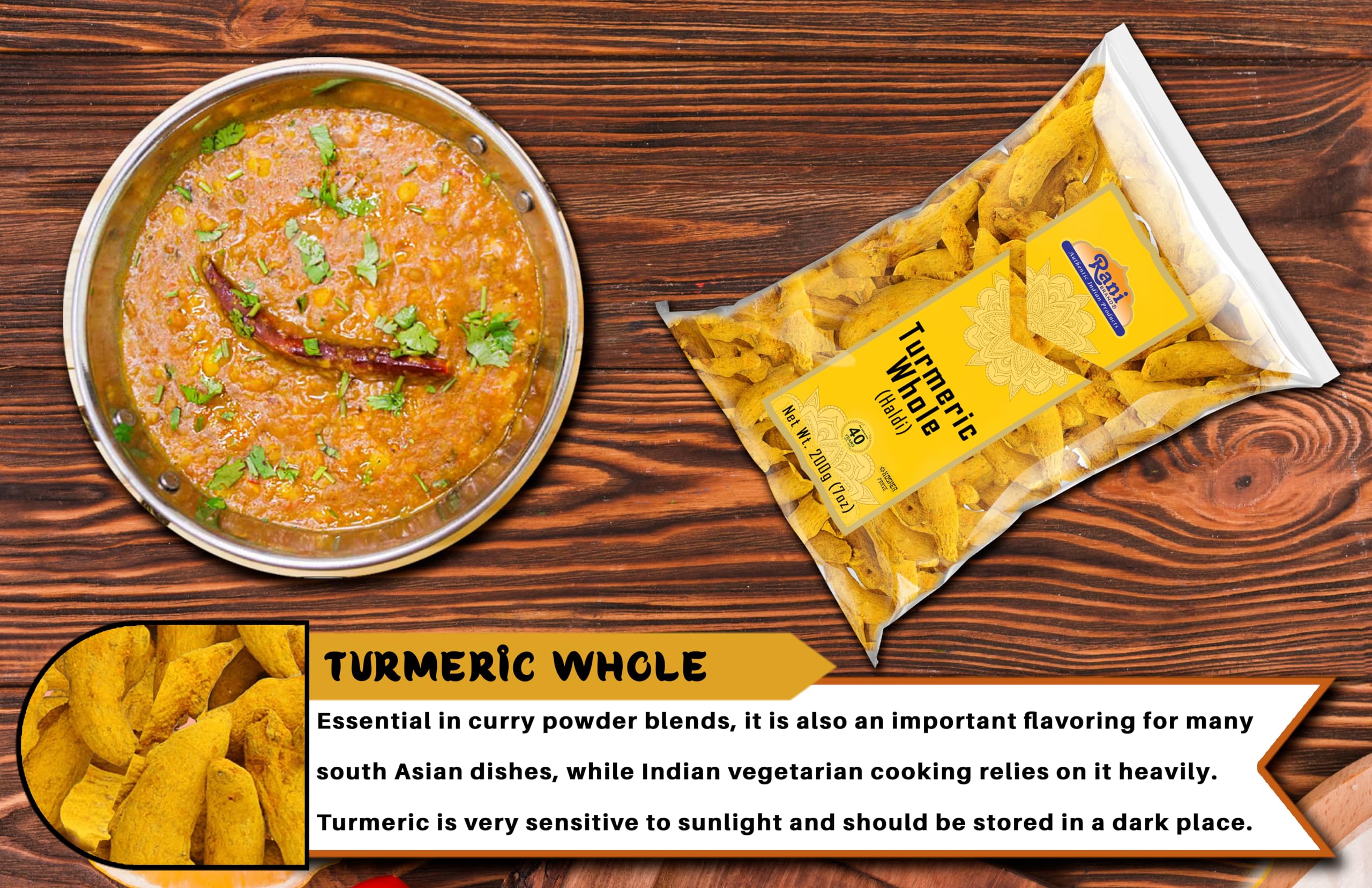 Rani Turmeric (Haldi) Root Whole Spice, Dried 7oz (200g) ~ All Natural | 100% Pure | Vegan | Gluten Friendly | NON-GMO | Kosher | Indian Origin