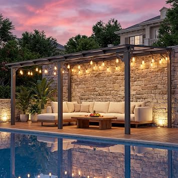 Airwire 10x14 FT Lean to Gazebo with Aluminum Frame | Wall Mounted Pergolas with Polycarbonate Roof for Shade and Rain Outdoor Gazebo for Patios, Decks, Backyard