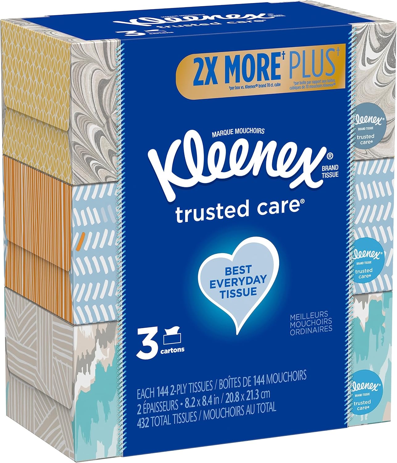 Kleenex Trusted Care Everyday Facial Tissues, 144 Count (Pack of 3) (432 Tissues Total)