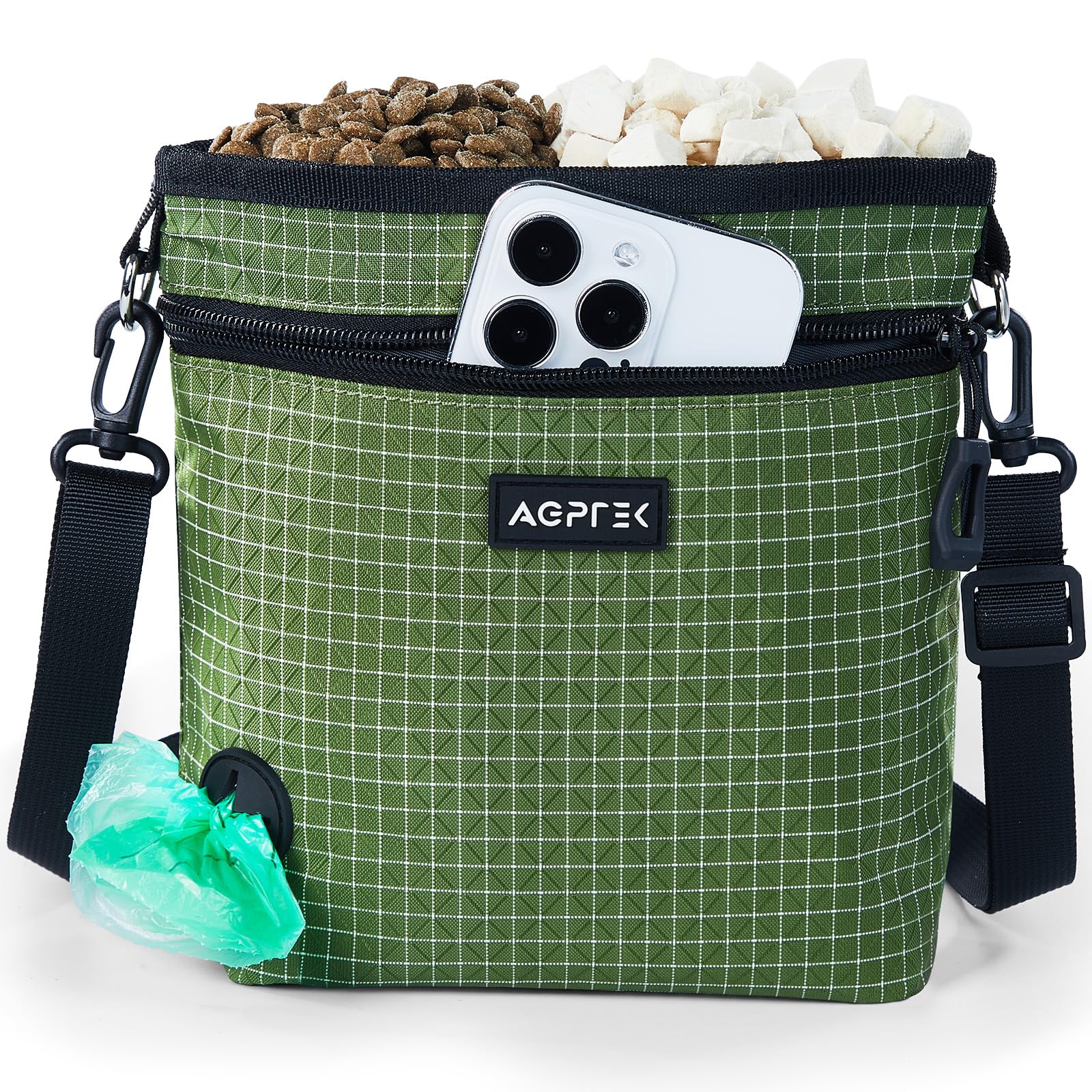 AGPTEK Dog Treat Pouch, Magnetic Dog Walking Pouch with Removable & Split Snack Bag, Water-Resistant Waist Pack with Poop Bag Dispenser & Hands-Free D-Ring for Training, Walking, Hiking, Run, Green