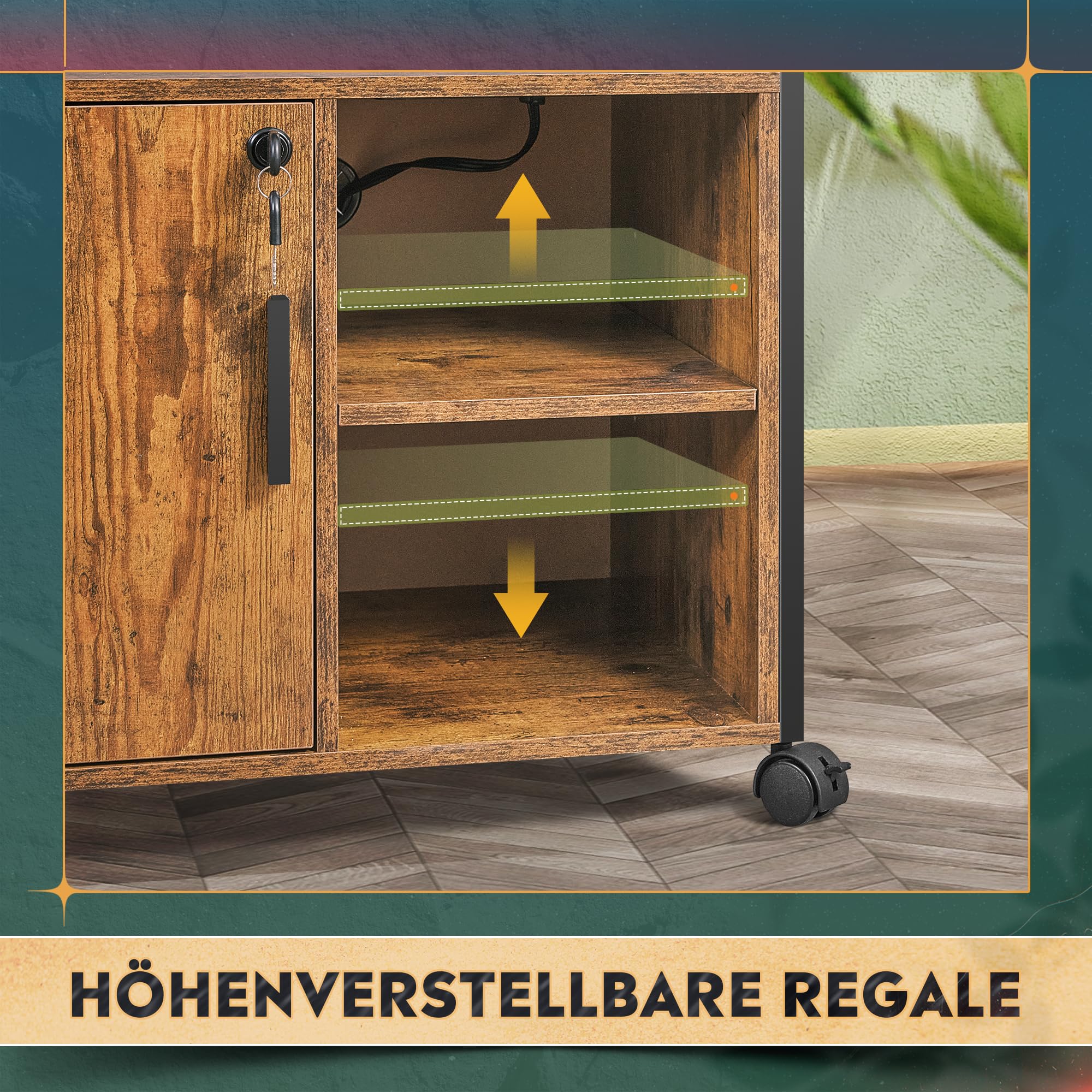 DEVAISE Druckertisch mit Ladestation, Rollcontainer mit Rollen und offenen Ablagen, Druckerschrank abschließbar für Büro und Home Office, Retro Braun