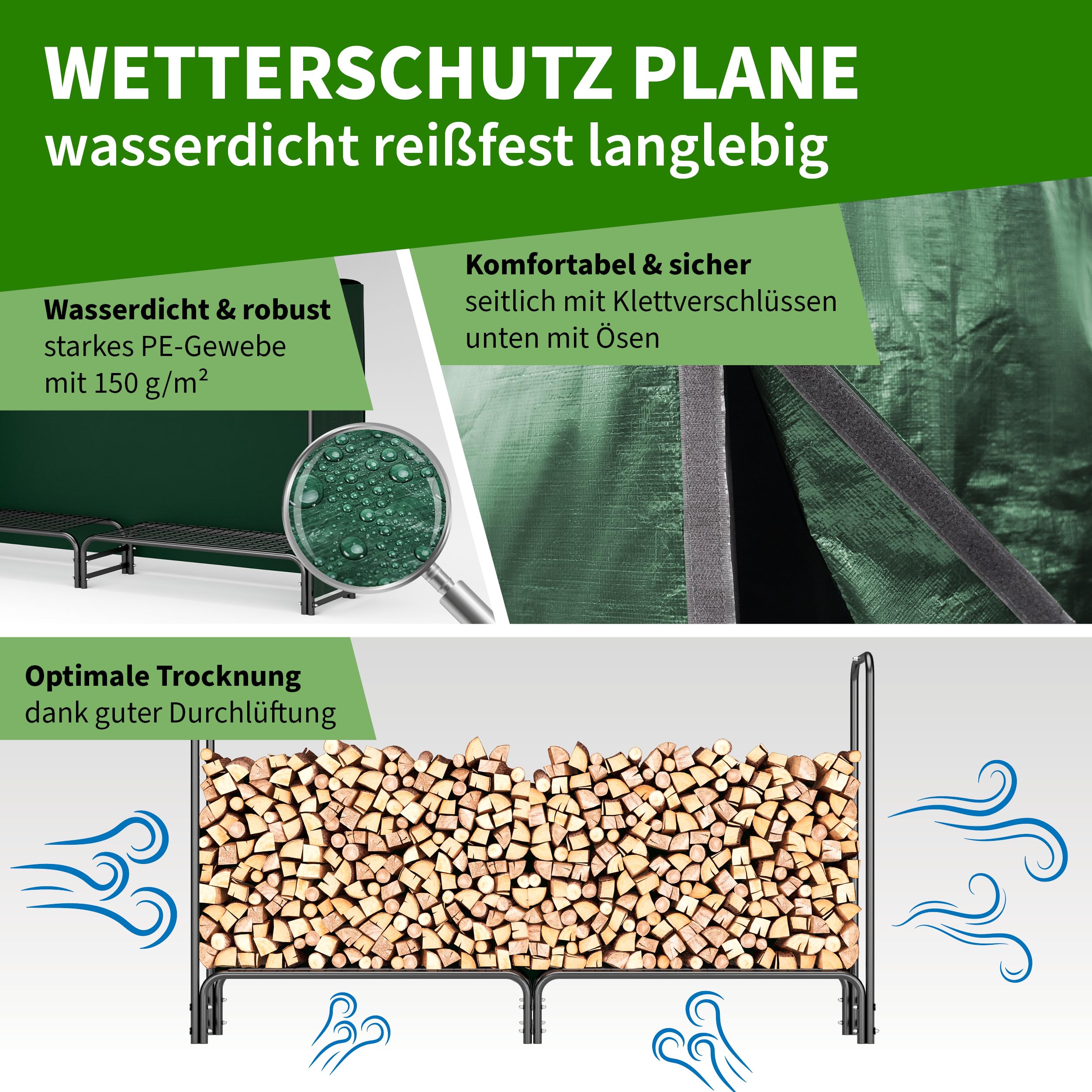 VOUNOT® Haardhoutrek Buiten Metaal, Groot Brandhoutrek Outdoor met Waterdichte Afdekhoes, Houtopslagrek voor Haardhout, 300x116x36 cm