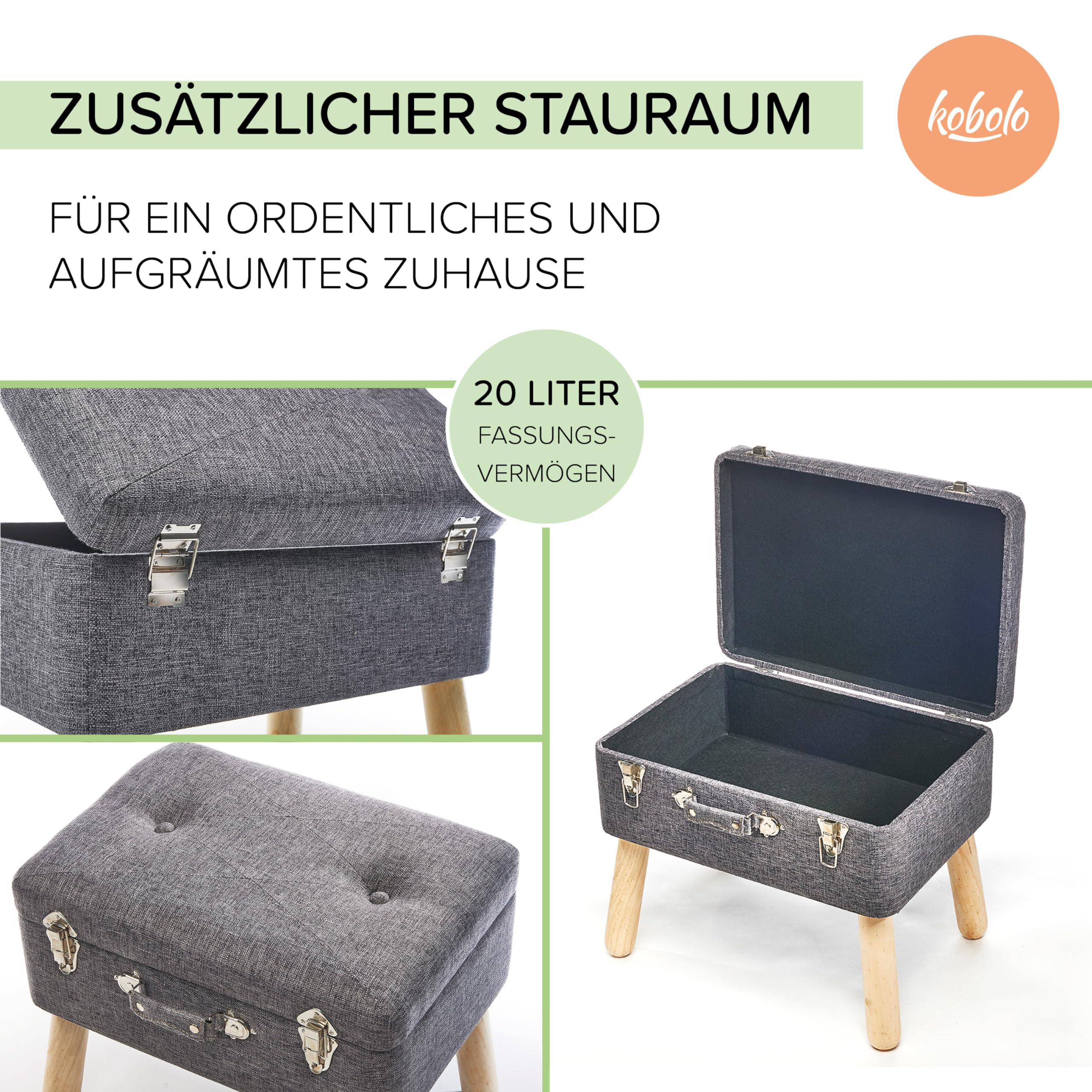 Kobolo Kofferhocker Hocker Polsterhocker aus Textil 50x35x45 cm Grau