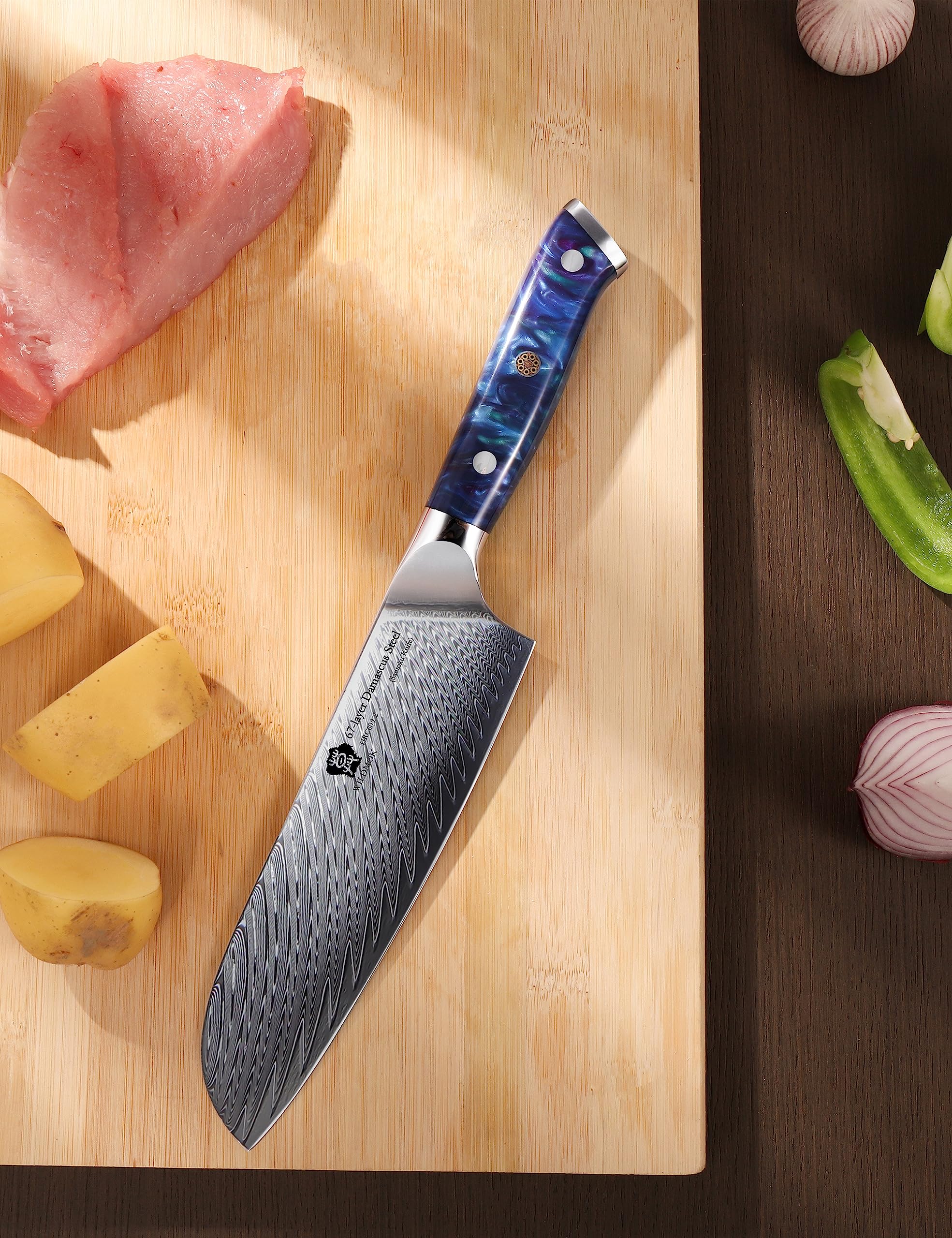 WILDMOK Coltello da Chef, Coltello da Cucina Coltelli da Chef da 17.8 cm, Chef in Acciaio di Damasco Giapponese VG10 Professionale, con Impugnatura Ergonomica Full Tang per Cucina