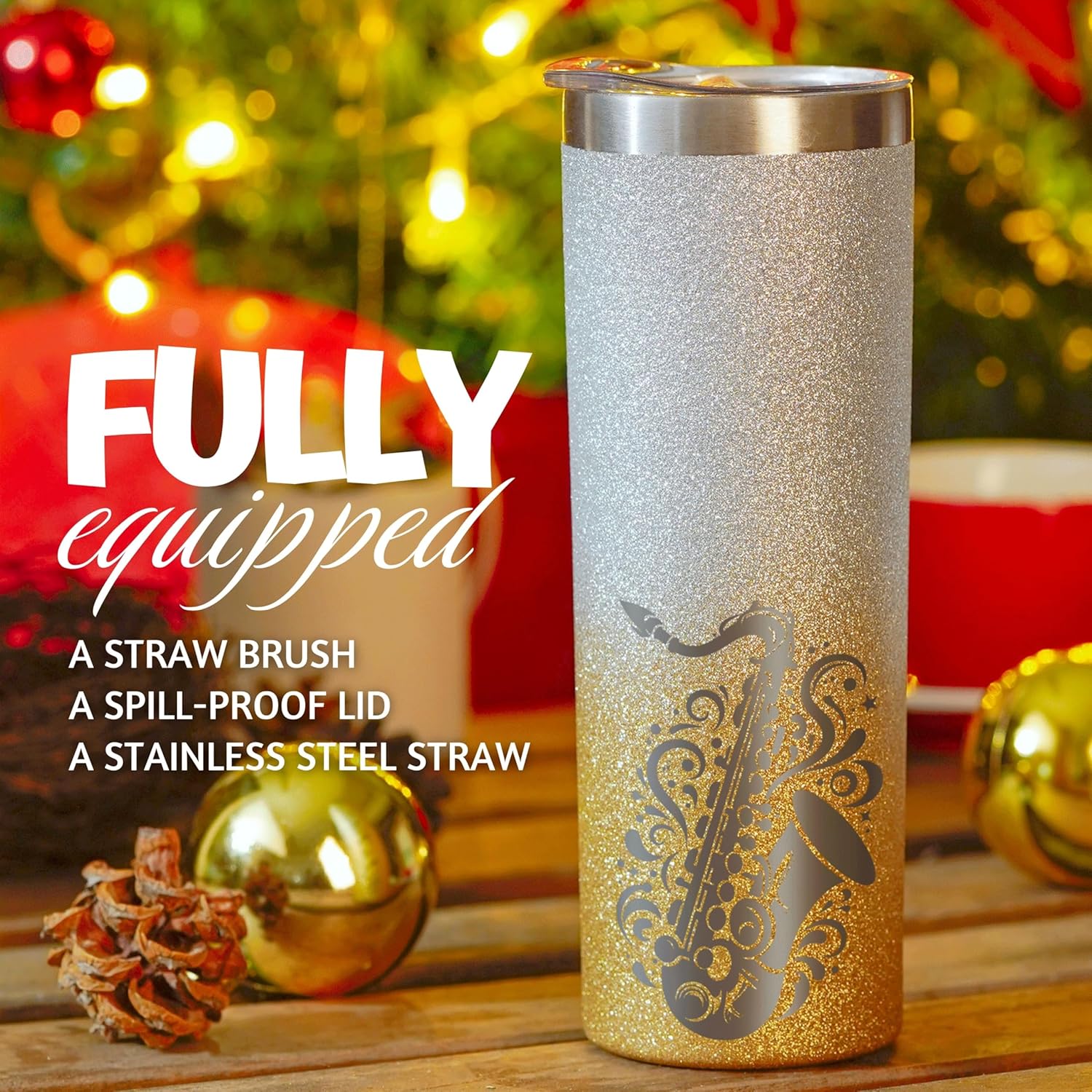 Onebttl Saxophone Gifts with Glitter Coat, 20 oz Skinny Tumbler with Lid and Straw, Jazz Gifts - Image 3