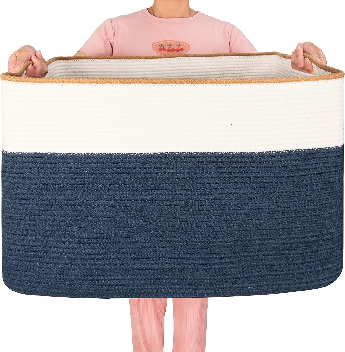 MINTWOOD Design 112L Extra Large Blanket Basket Holder Living Room, 25"x17"x16" Rectangle Rope Woven Storage Basket with Handles for Laundry, Towels, Shoes, Dog Toy Organizer Bin Box, Prussian Blue