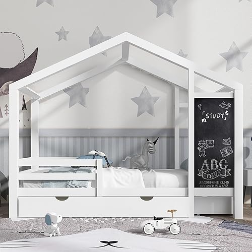 Miniatura 24 de Cama de casa de tamaño individual con 2 cajones, marco de cama de madera y barandilla de seguridad. Ahorra espacio, ideal para el dormitorio de un