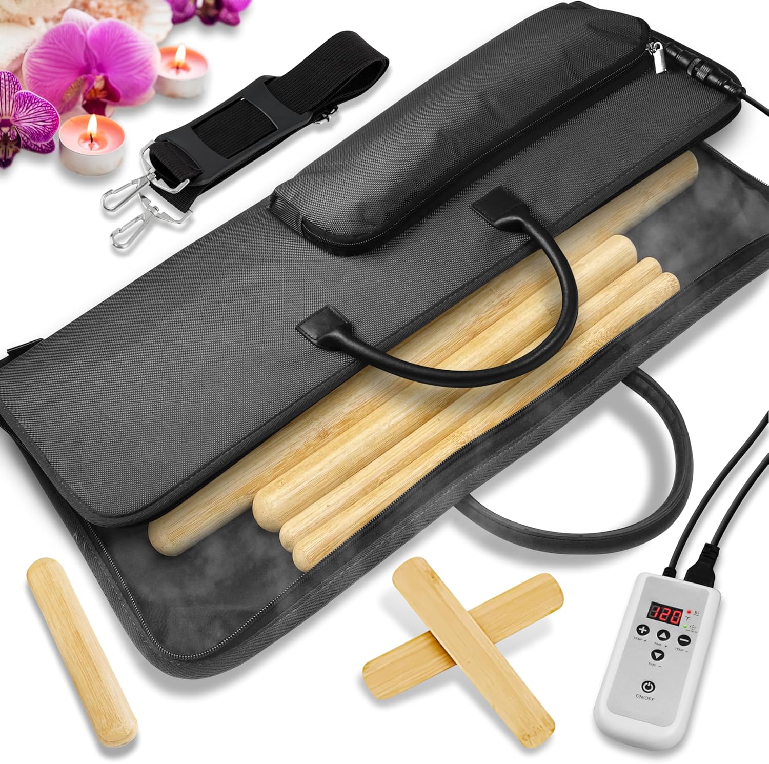 SereneLife Bamboo Massage Sticks Warmer Set - Portable Electric Massager Kit with Digital Temperature Controller, Heating Bag, 8 Massage Sticks