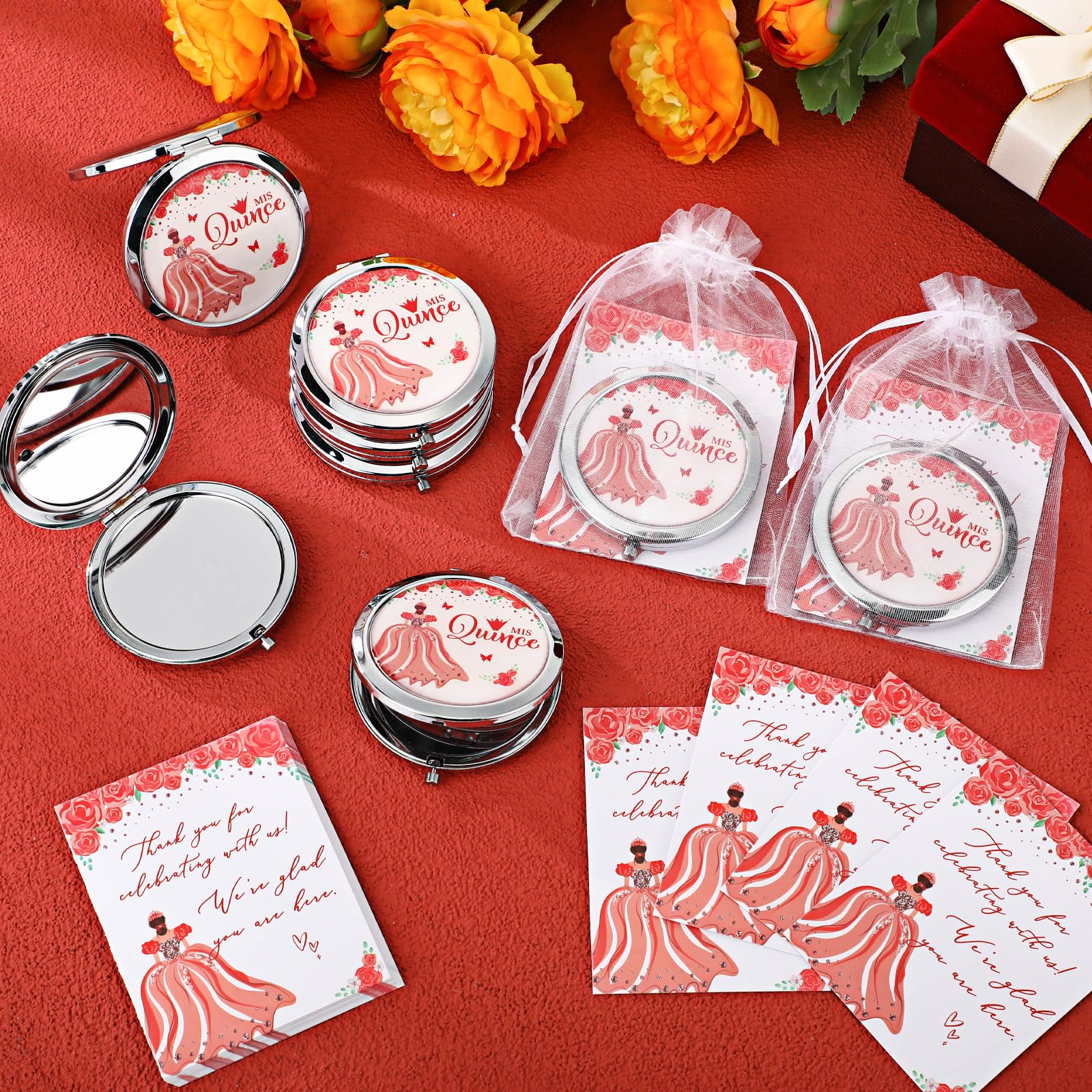 Menkxi 24 juegos de recuerdos de fiesta de quinceañera para invitados, espejos compactos con tarjetas, bolsas, regalos para cumpleaños de niñas de 15 años (rojo)