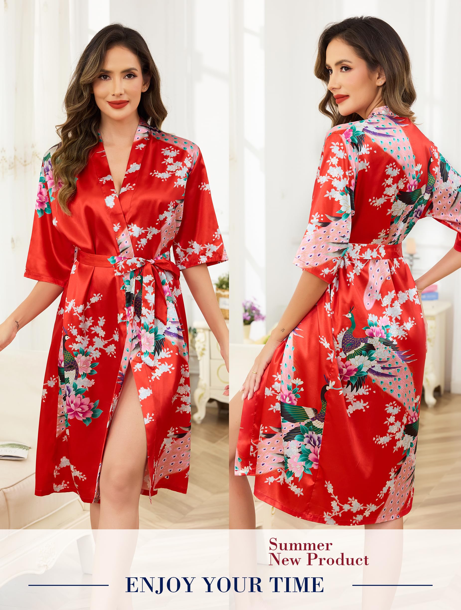 Vlazom Damski satynowy szlafrok długi jedwabny kimono szlafrok paw i kwiaty szlafrok dla panny młodej na wesele S-XXL