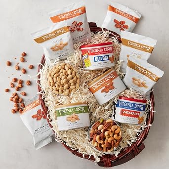 Taste of VA Diner Gift Basket by Virginia Diner - Wicker Basket with 8 Assorted Sweet and Savory Nuts totalling over 4.5lbs
