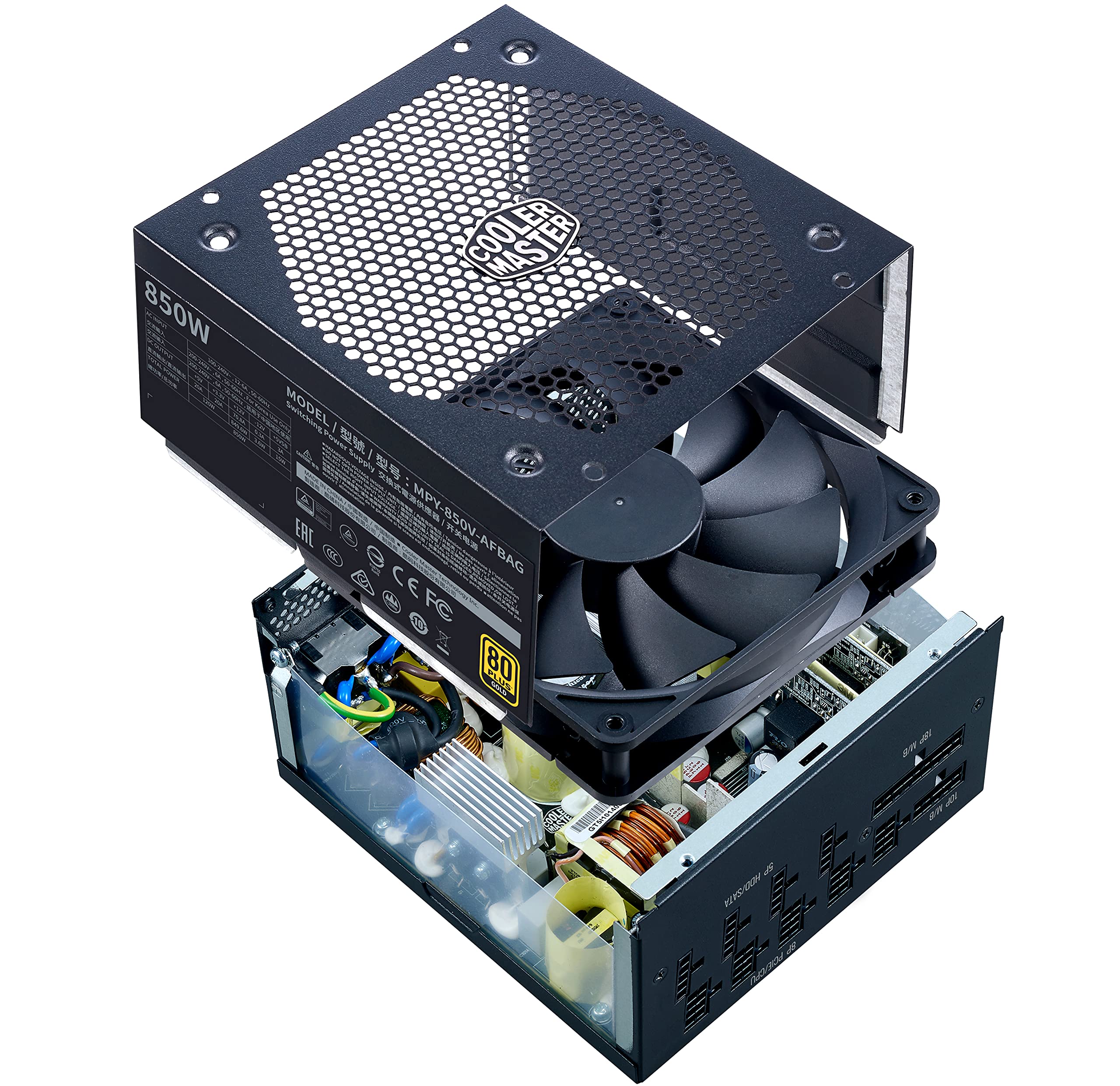 Cooler Master V850 Gold V2 PSU, Enchufe EU: 850W, 80 PLUS Gold, Modular Total, Fuente de Alimentación ATX, Ventilador FDB 135mm, Modo Semi-Fanless, 10 Años Garantía, Cables PCI-e 16AWG, Edición Negra