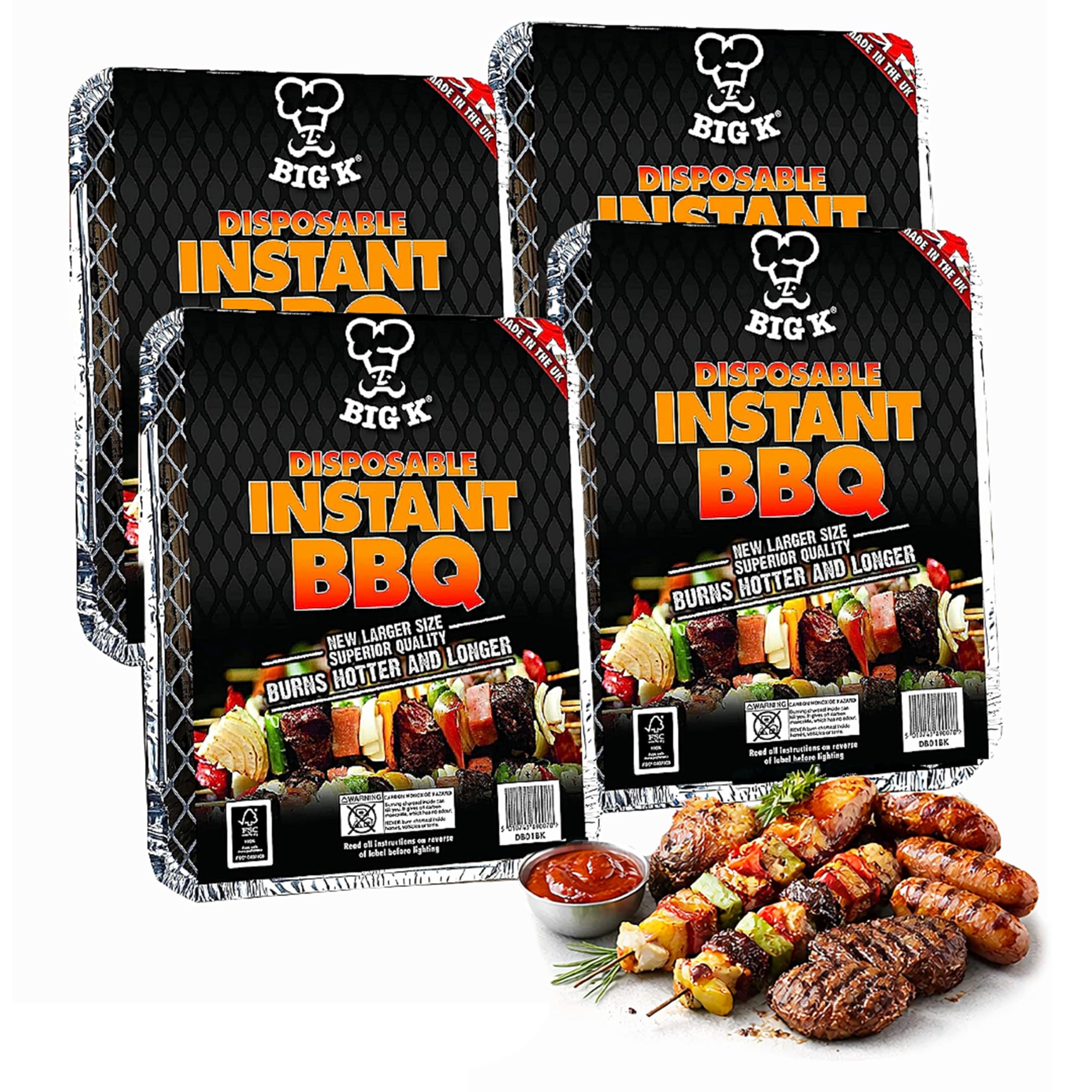 Big K Disposable Instant BBQ Tray - Pack of 4 All In One Barbecue Instant Light Charcoal Grill Trays with Topline Card. Ideal for Garden BBQs, Camping, Outdoor Parties and Picnics