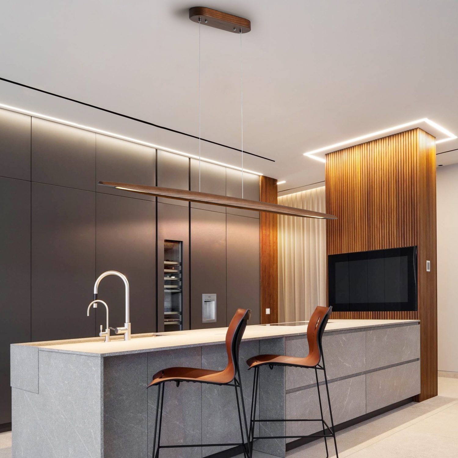 Image of YISDESIGN Wood Linear Pendant Hanging Light Fixture Minimalist Light Linear Chandelier Wood Kitchen Island Lighting 40w Dimmable for Dining Room Dining Table Living Room Pool Table Walnut Color