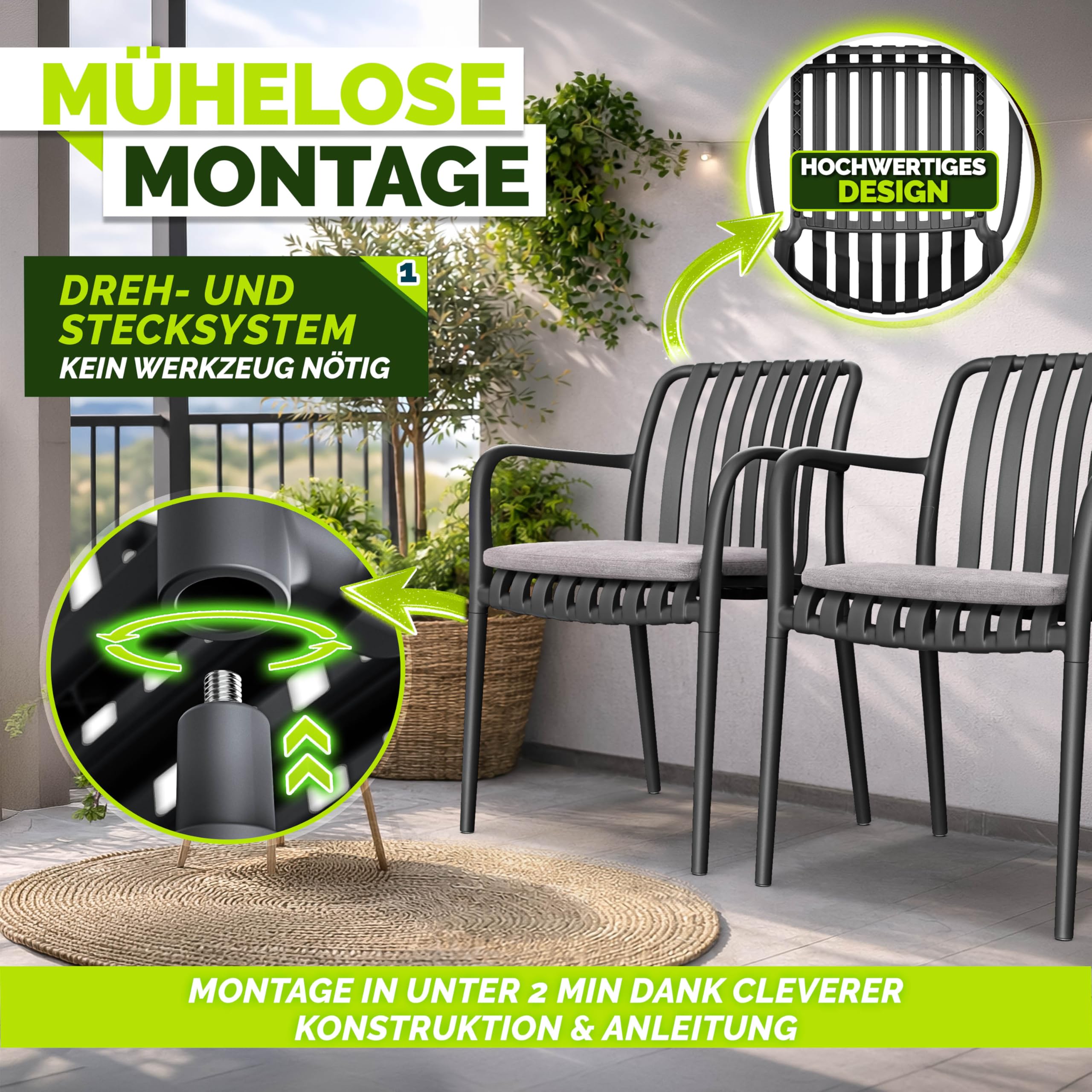 tillvex® Gartenstühle 4er Set Stapelbar Wetterfest mit Armlehne | Outdoor Stühle bis 120kg belastbar | Gartenstühle Outdoor | Terrassenstuhl Gartenmöbel Balkon Garten Terrasse